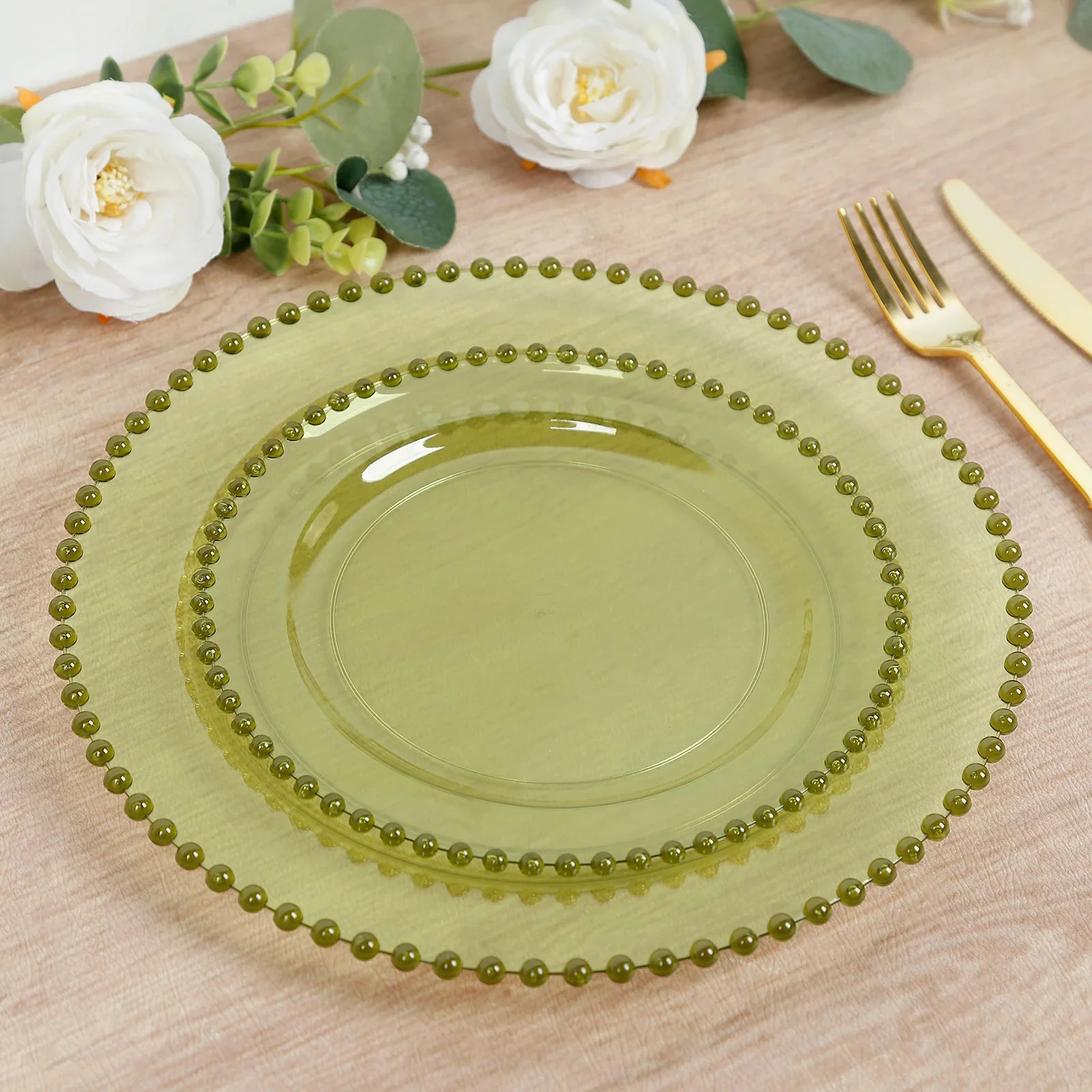 10-Pack Transparent Dusty Sage Green Plastic Dessert Plates – 8" Round with Beaded Rim, Disposable for Parties & Events - Image 9
