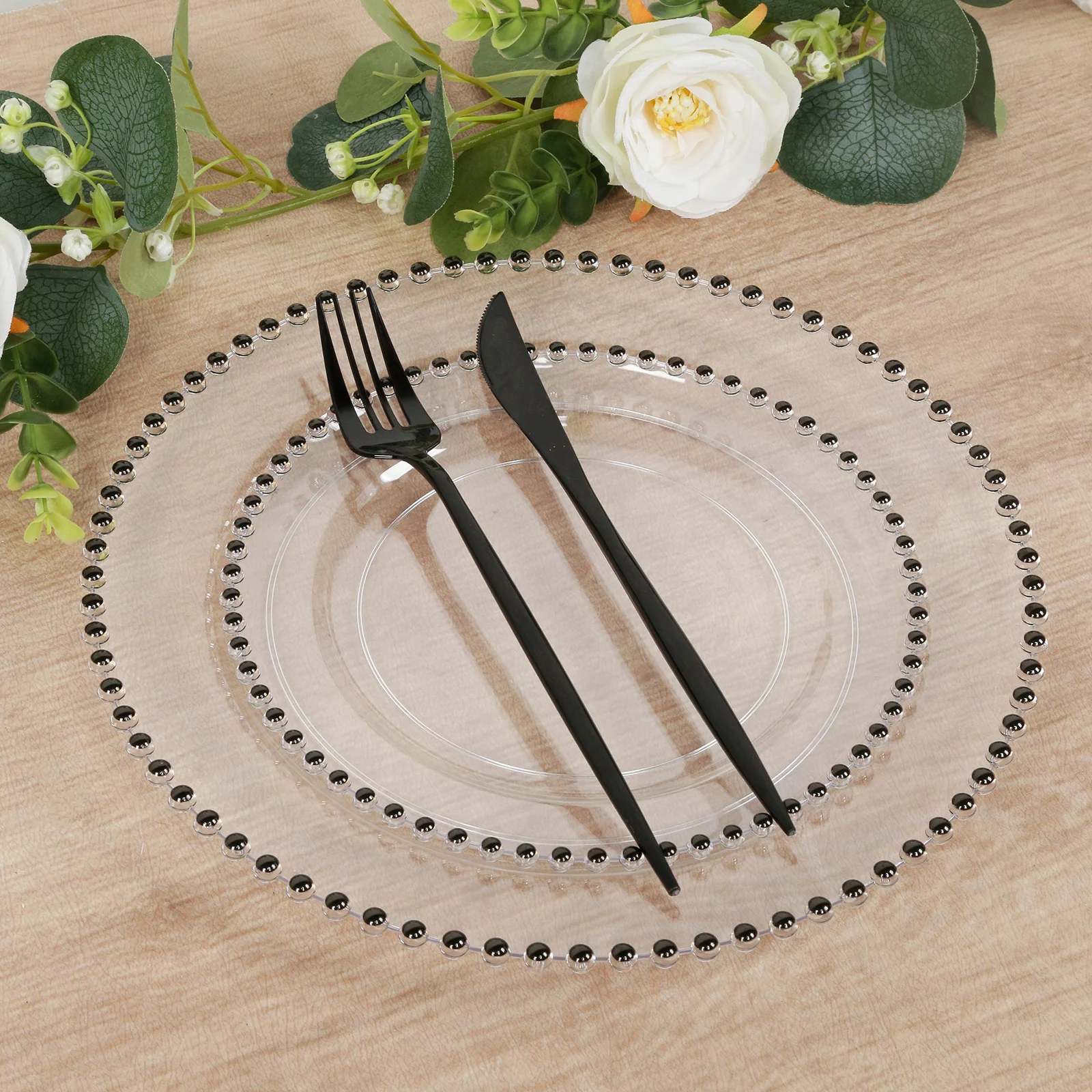 10-Pack Clear Plastic Dessert Plates – 8" Round with Black Beaded Rim, Disposable for Parties & Events