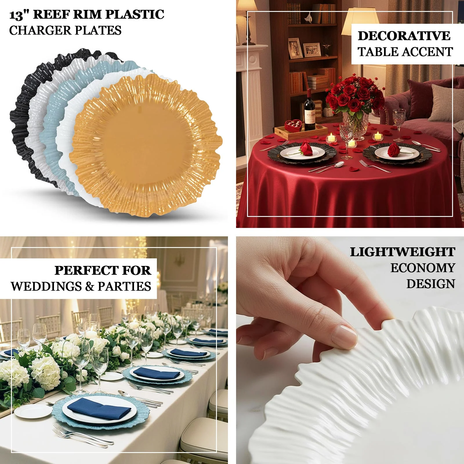 10 Pack Economy Reef Plastic Charger Plates – 13" Clear Dinner Plate Chargers for Weddings, Parties & Catering - Image 4