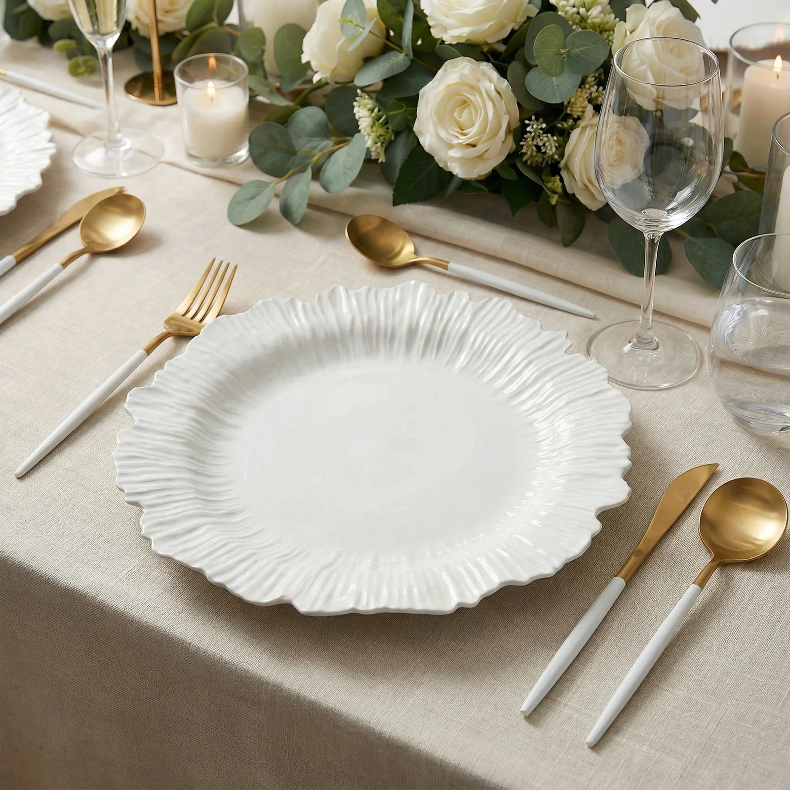 10 Pack Economy Reef Plastic Charger Plates – 13" Pearl White Dinner Plate Chargers for Weddings, Parties & Catering - Image 9
