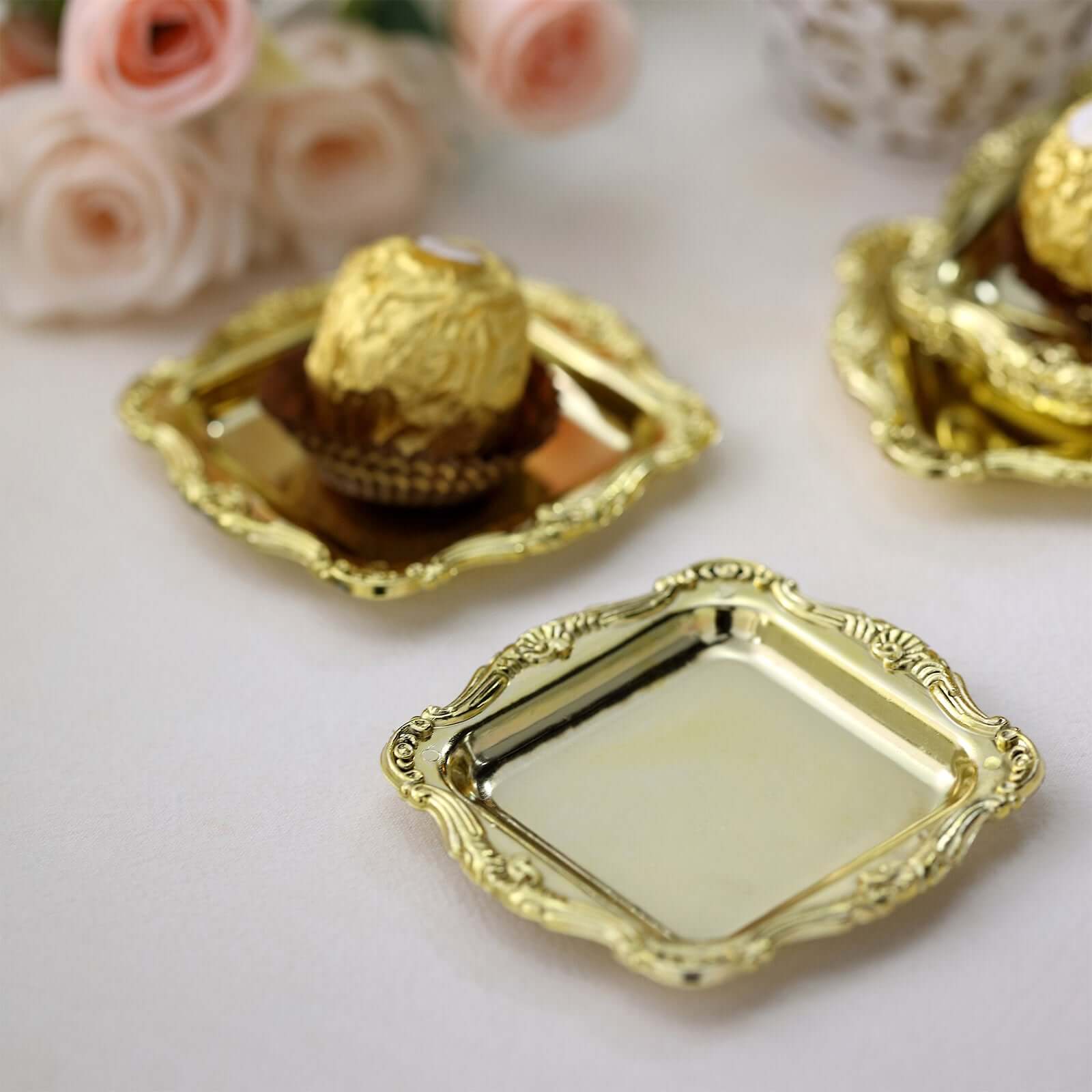 12 Pack 3" Gold Baroque Mini Square Sweet Treats Serving Platter, Party Favor Candy Display Tray - Image 2