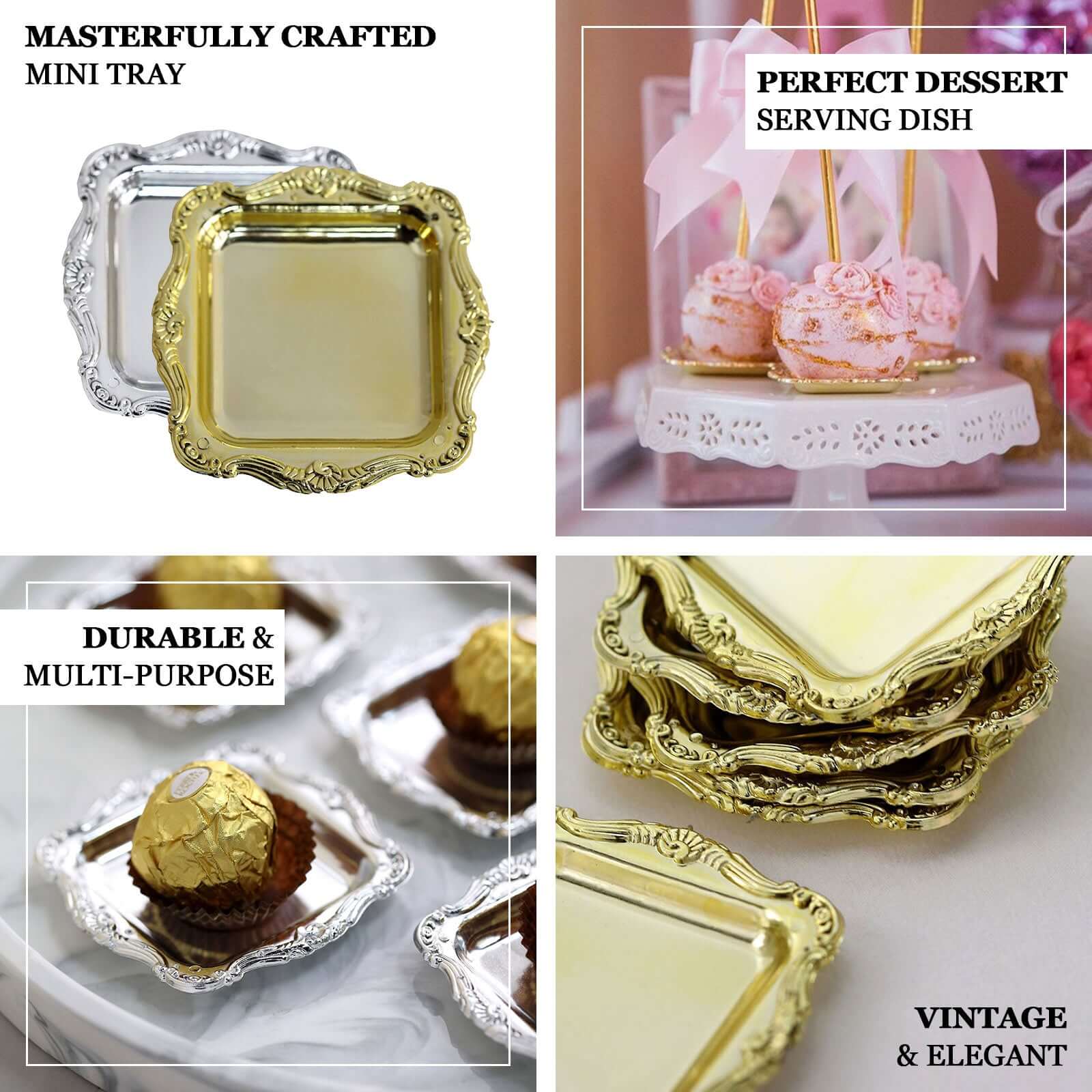 12 Pack 3" Gold Baroque Mini Square Sweet Treats Serving Platter, Party Favor Candy Display Tray - Image 4