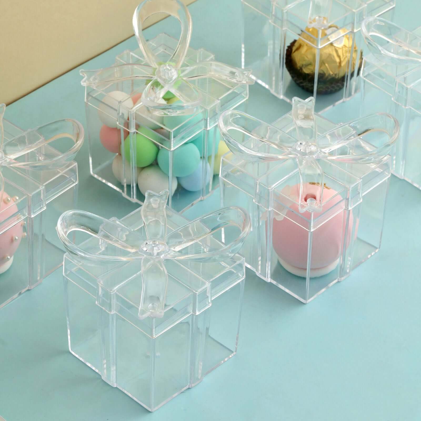12 Pack 3" Square Clear Bow Top Plastic Party Favor Boxes, Transparent Candy Container Gift Boxes - Image 2