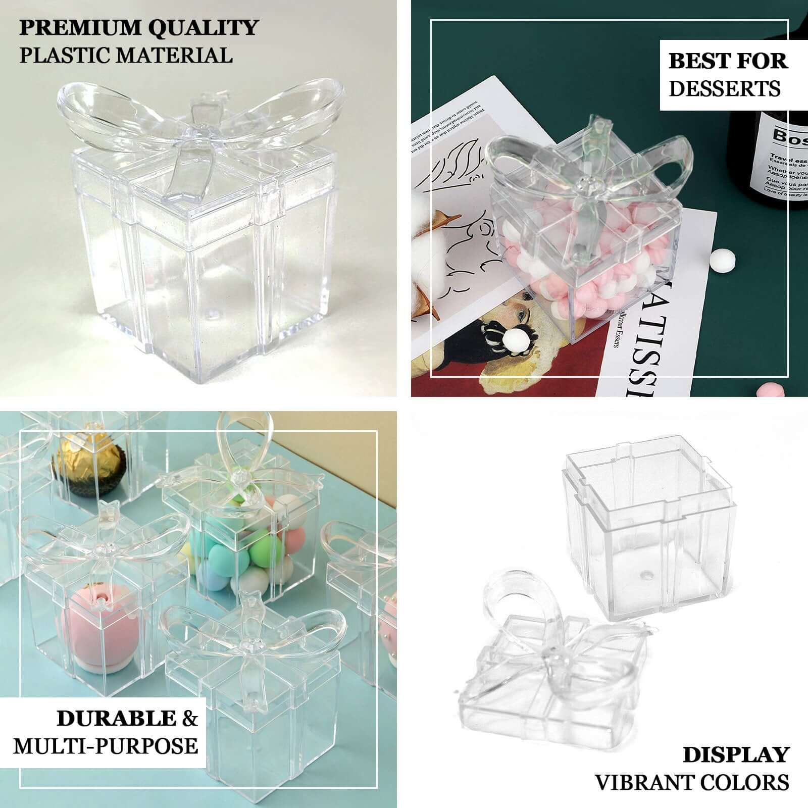 12 Pack 3" Square Clear Bow Top Plastic Party Favor Boxes, Transparent Candy Container Gift Boxes - Image 4