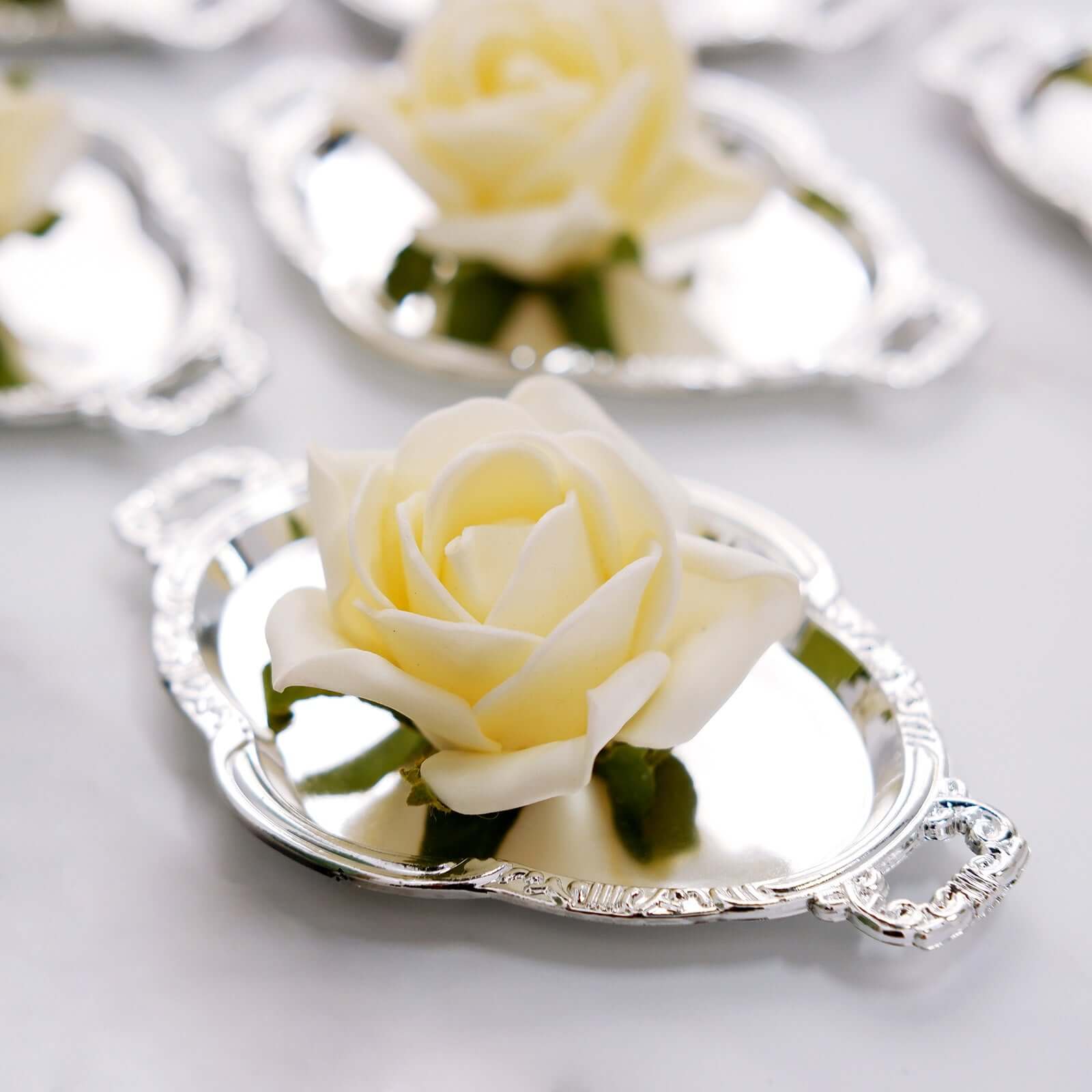 12-Pack Display Trays Party Favor Baroque Oval Design Silver - Mini Serving Platters for Sweets and Desserts 4.5" - Image 2
