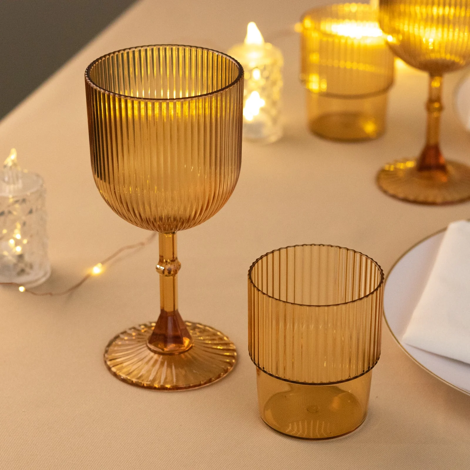 12-Pack Plastic Goblets Amber Gold Vintage Ribbed Pattern - Reusable Shatterproof Glassware 9oz - Image 8