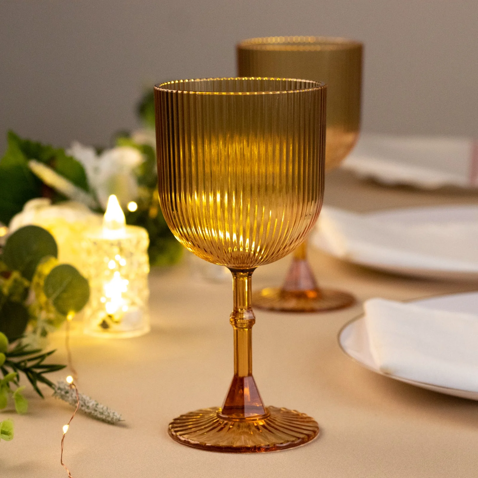12-Pack Plastic Goblets Amber Gold Vintage Ribbed Pattern - Reusable Shatterproof Glassware 9oz - Image 9
