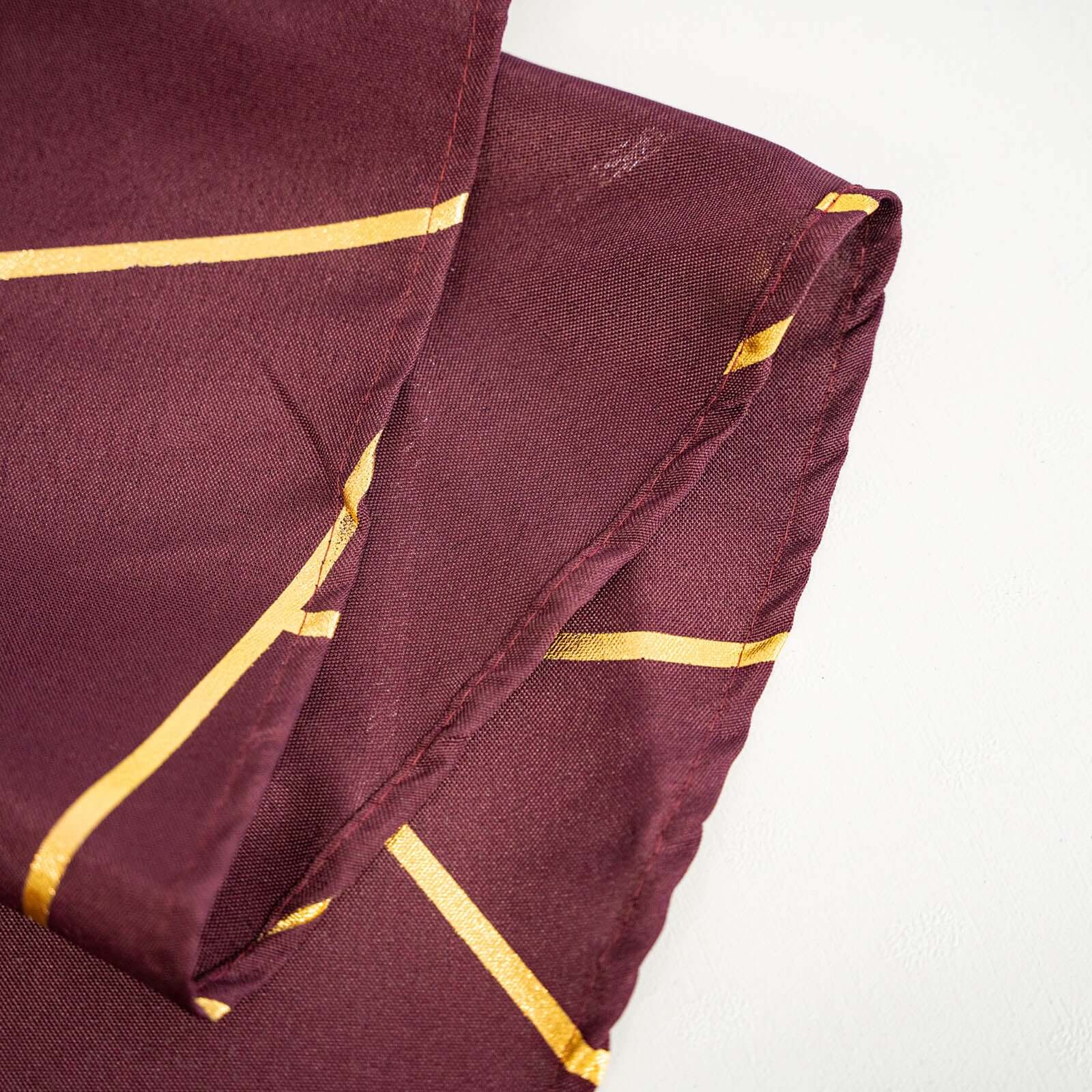 120" Burgundy Seamless Round Polyester Tablecloth With Gold Foil Geometric Pattern for 5 Foot Table With Floor-Length Drop - Image 10