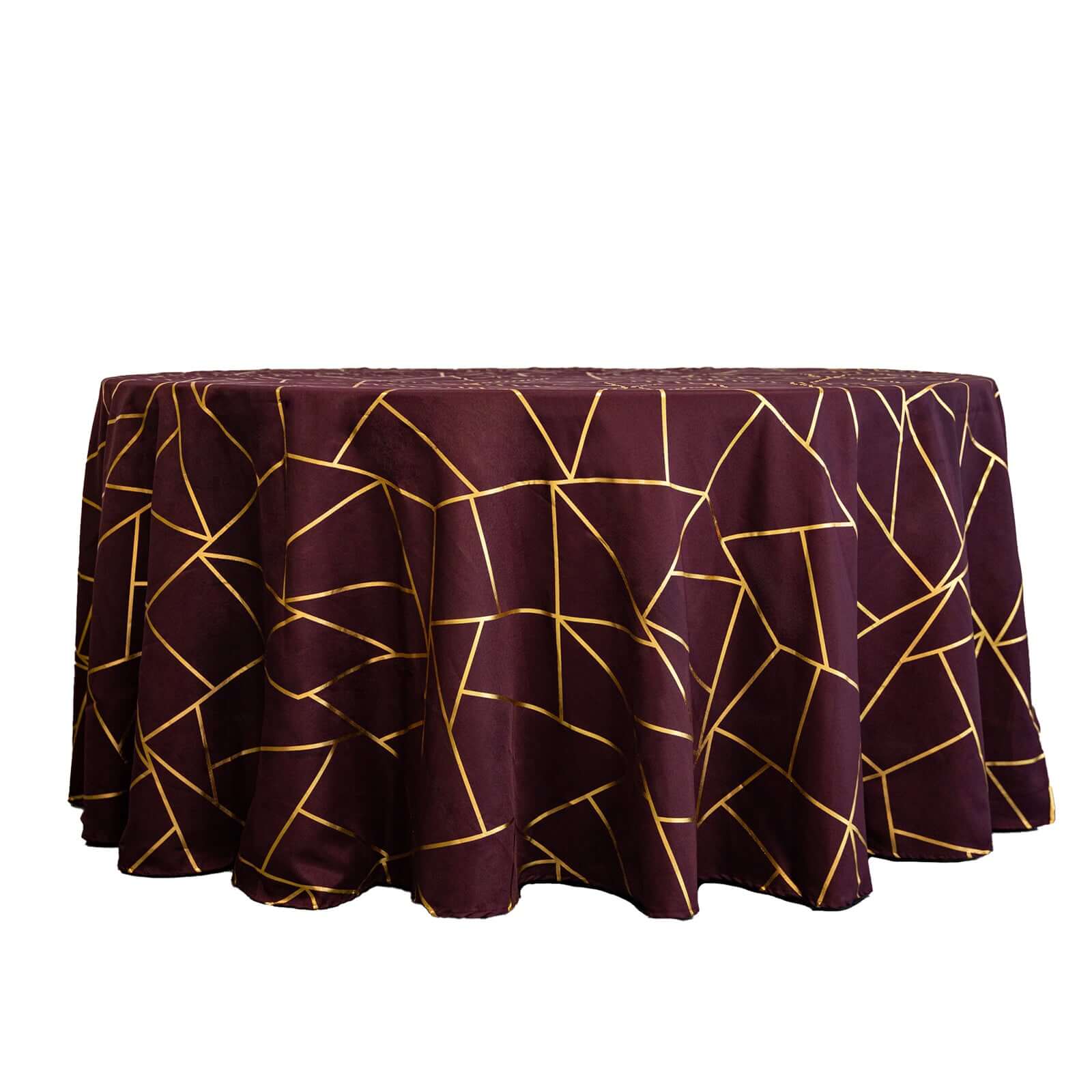 120" Burgundy Seamless Round Polyester Tablecloth With Gold Foil Geometric Pattern for 5 Foot Table With Floor-Length Drop - Image 11