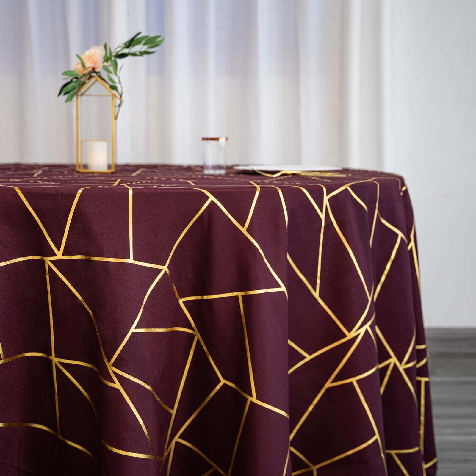 120" Burgundy Seamless Round Polyester Tablecloth With Gold Foil Geometric Pattern for 5 Foot Table With Floor-Length Drop - Image 3