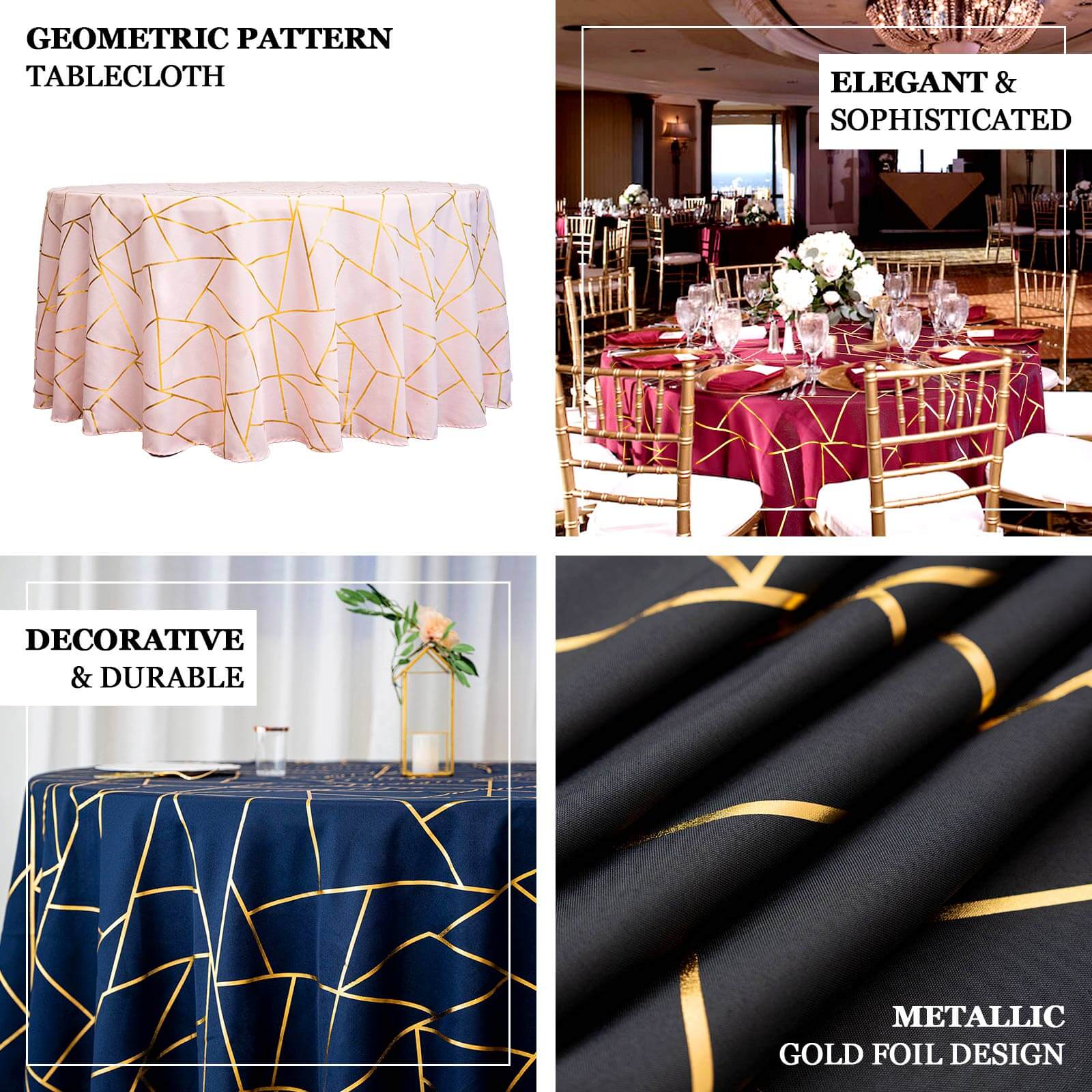 120" Burgundy Seamless Round Polyester Tablecloth With Gold Foil Geometric Pattern for 5 Foot Table With Floor-Length Drop - Image 4