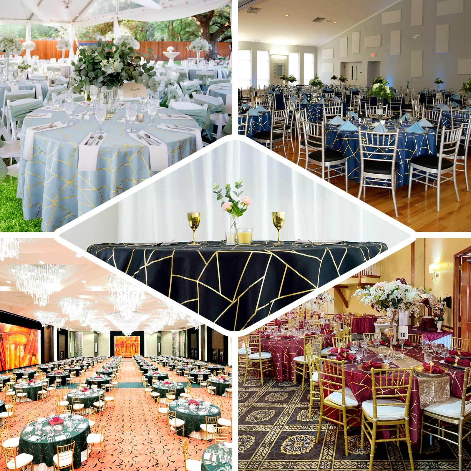 120" Burgundy Seamless Round Polyester Tablecloth With Gold Foil Geometric Pattern for 5 Foot Table With Floor-Length Drop - Image 5