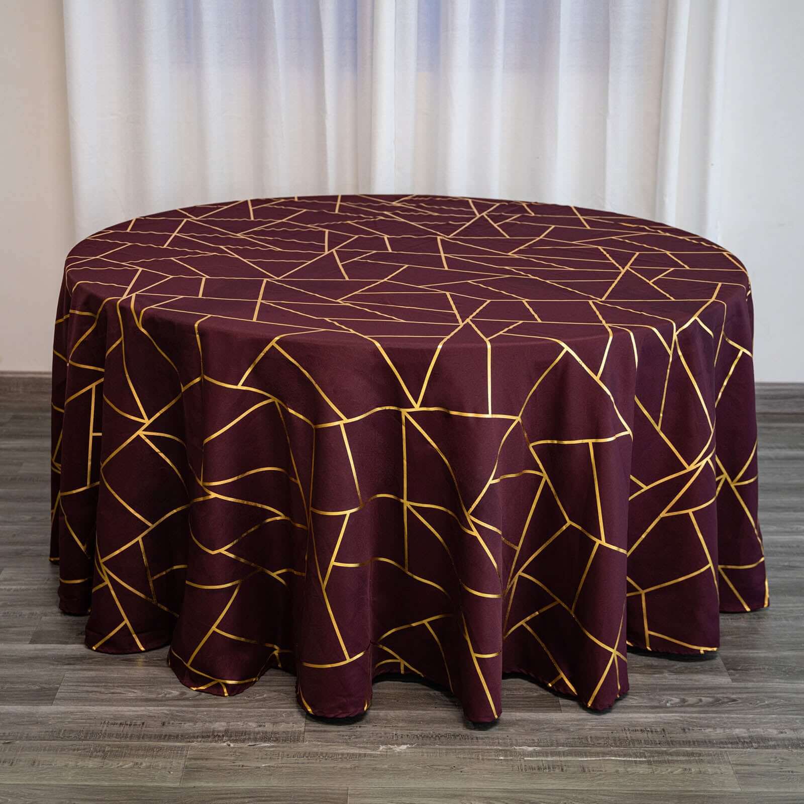 120" Burgundy Seamless Round Polyester Tablecloth With Gold Foil Geometric Pattern for 5 Foot Table With Floor-Length Drop - Image 6