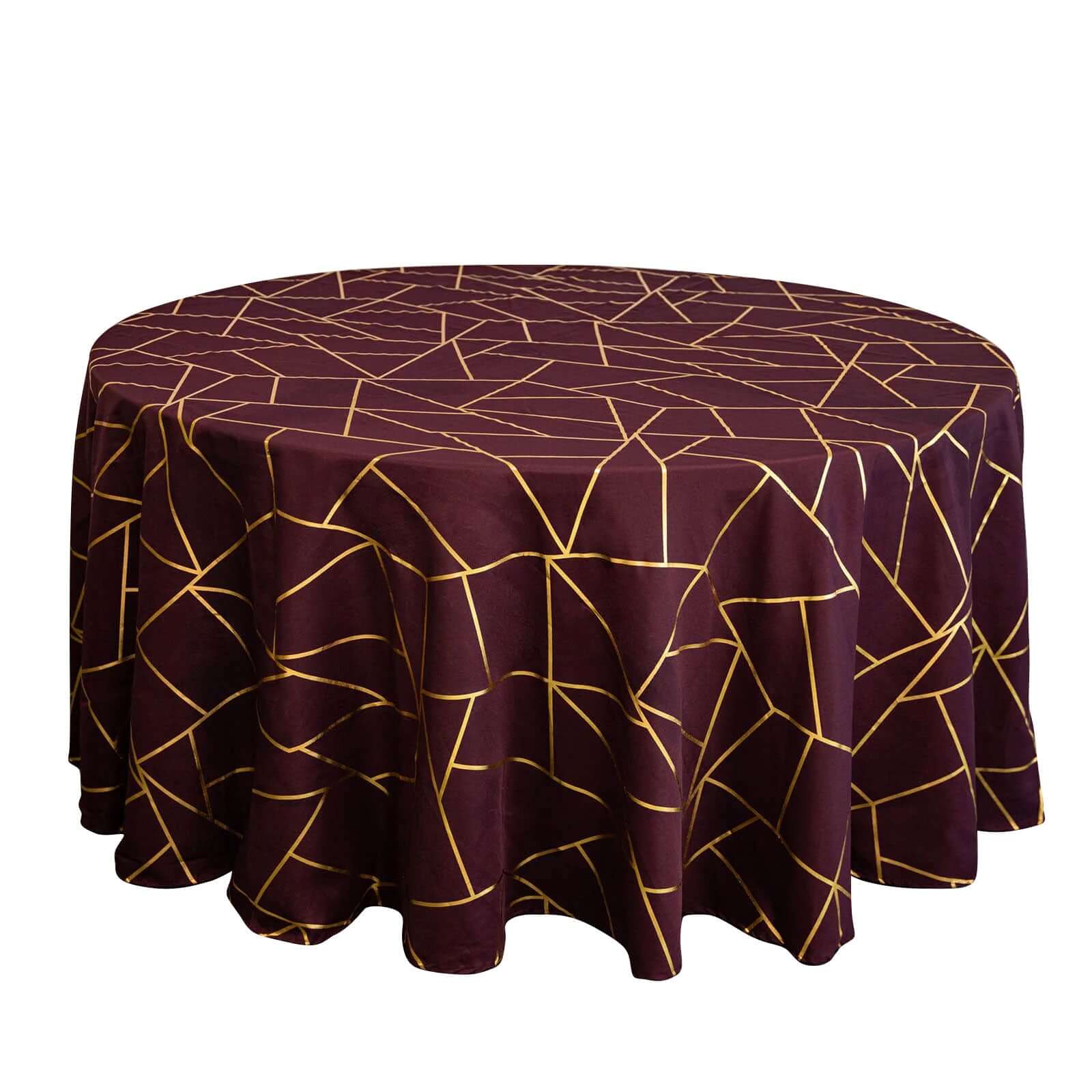 120" Burgundy Seamless Round Polyester Tablecloth With Gold Foil Geometric Pattern for 5 Foot Table With Floor-Length Drop - Image 7