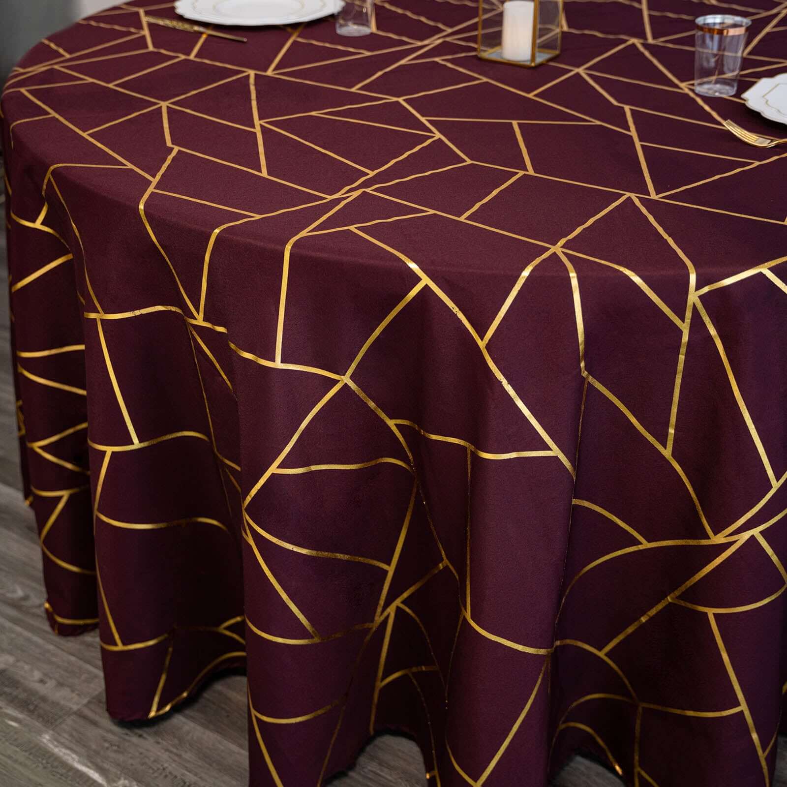 120" Burgundy Seamless Round Polyester Tablecloth With Gold Foil Geometric Pattern for 5 Foot Table With Floor-Length Drop - Image 8