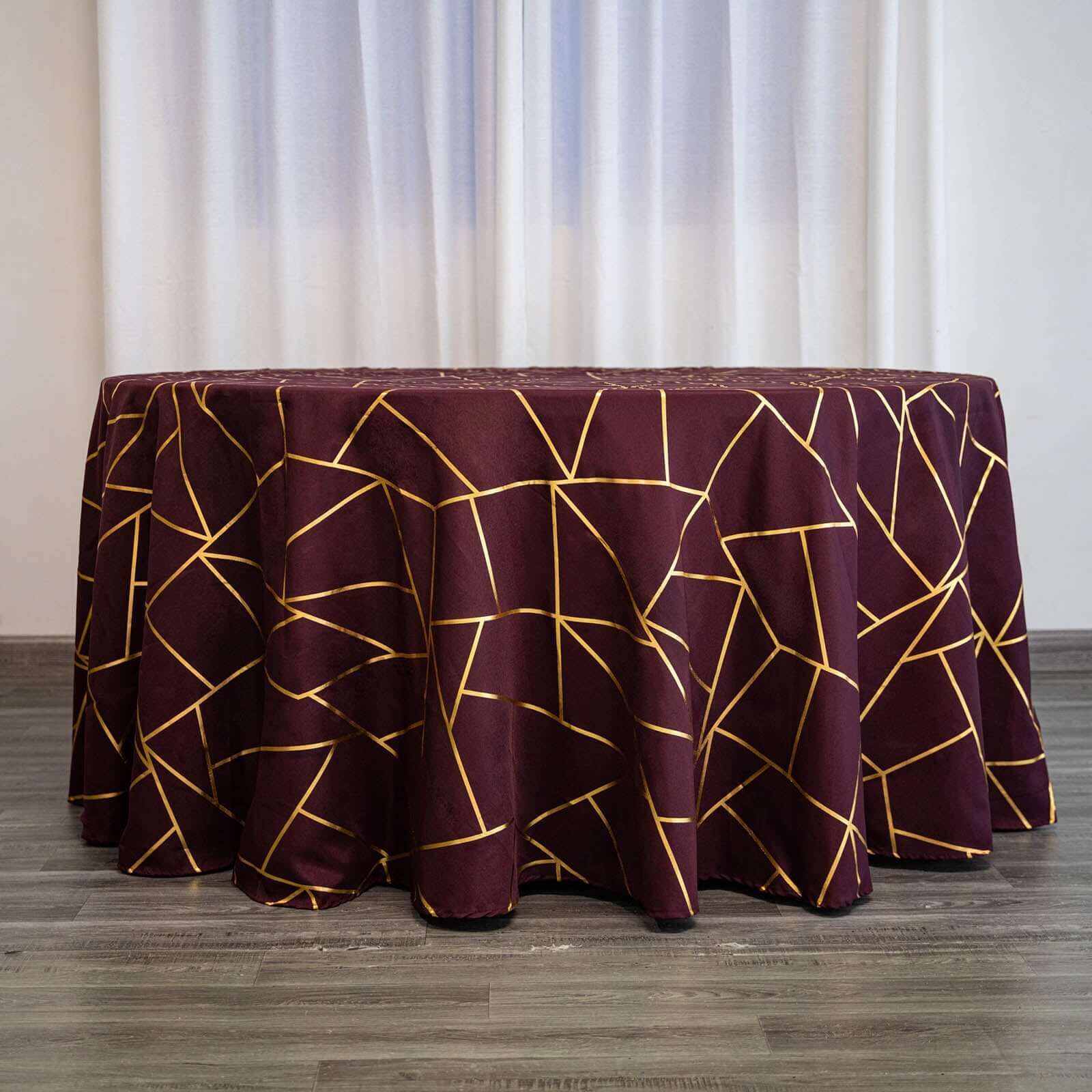 120" Burgundy Seamless Round Polyester Tablecloth With Gold Foil Geometric Pattern for 5 Foot Table With Floor-Length Drop - Image 9