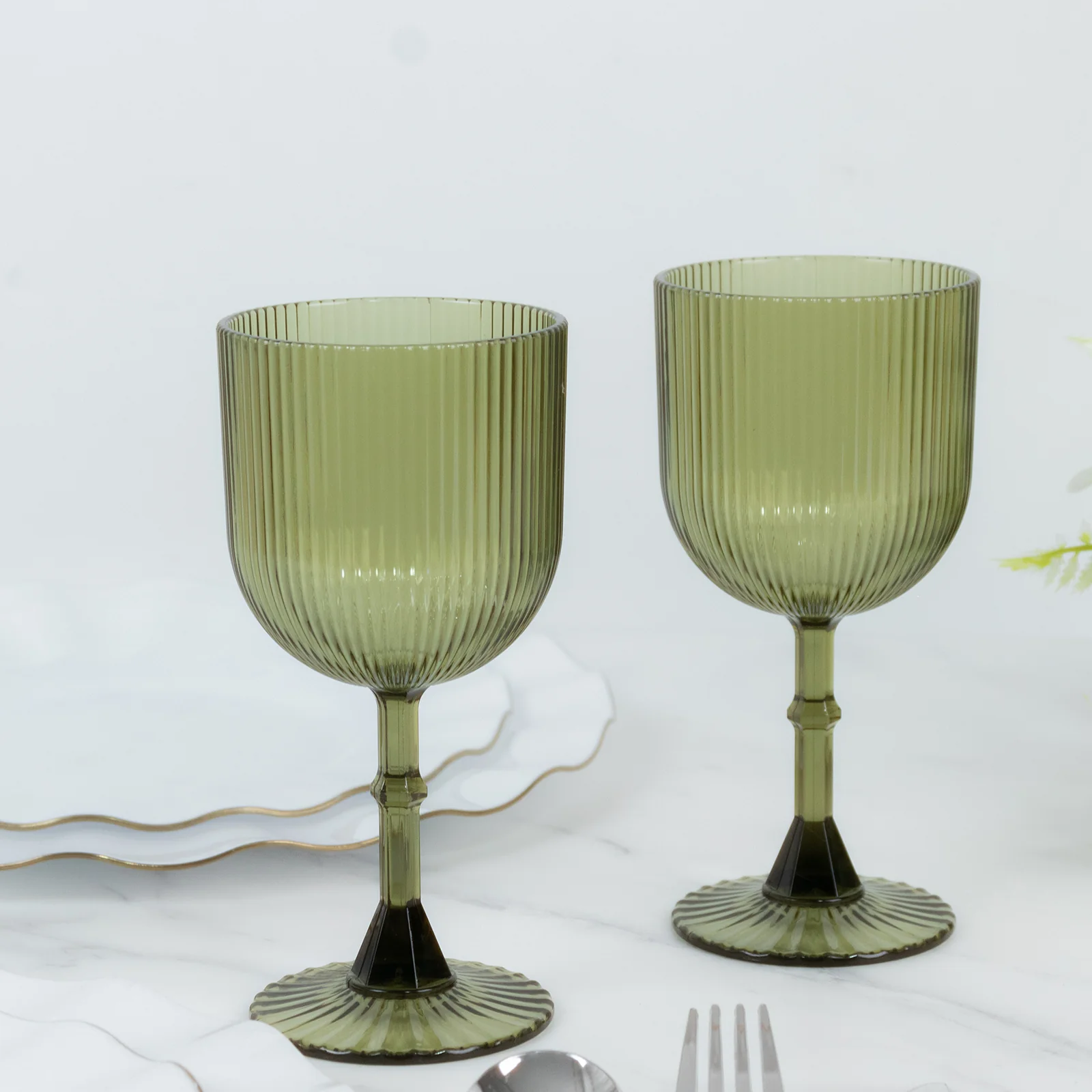 12-Pack Plastic Goblets Dusty Sage Green Vintage Ribbed Pattern - Transparent Reusable Shatterproof Glassware 9oz - Image 6