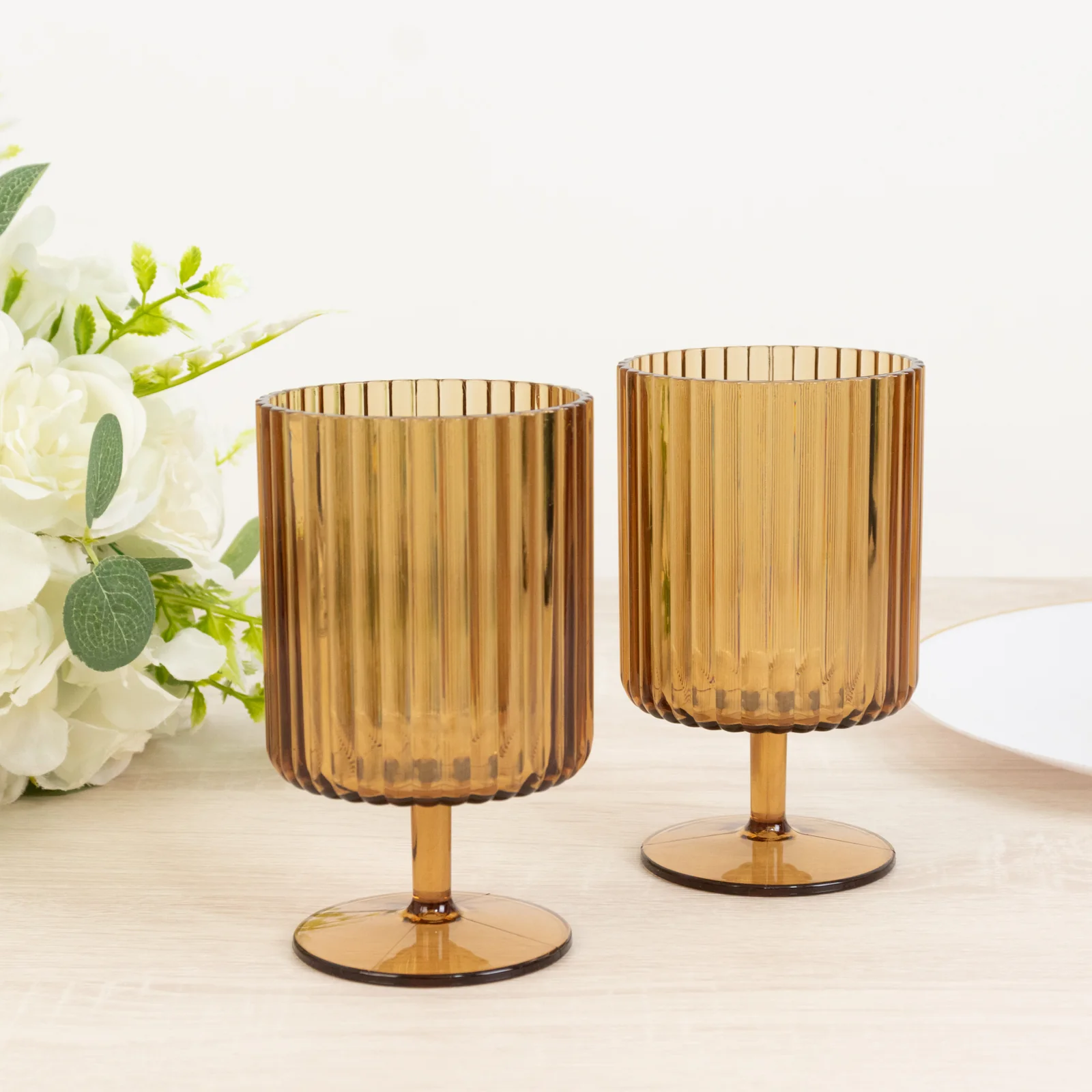 12-Pack Plastic Goblets Amber Gold Vintage Ribbed Pattern Short Stem - Reusable Wine Glasses 12oz