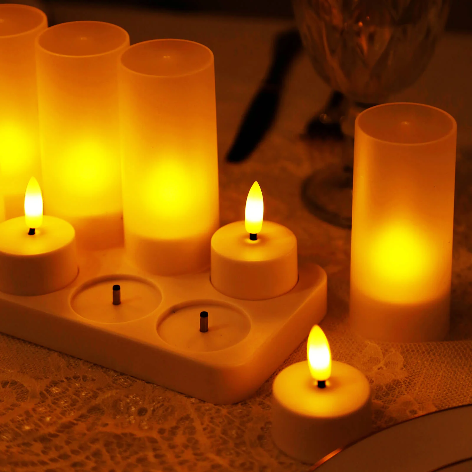 Rechargeable Tea Light Candles 12 Pack, White Flameless LED Candles with Frosted Shades, Remote Timer & Charging Station, Warm White Flickering Effect, 30Hr Runtime - Image 8