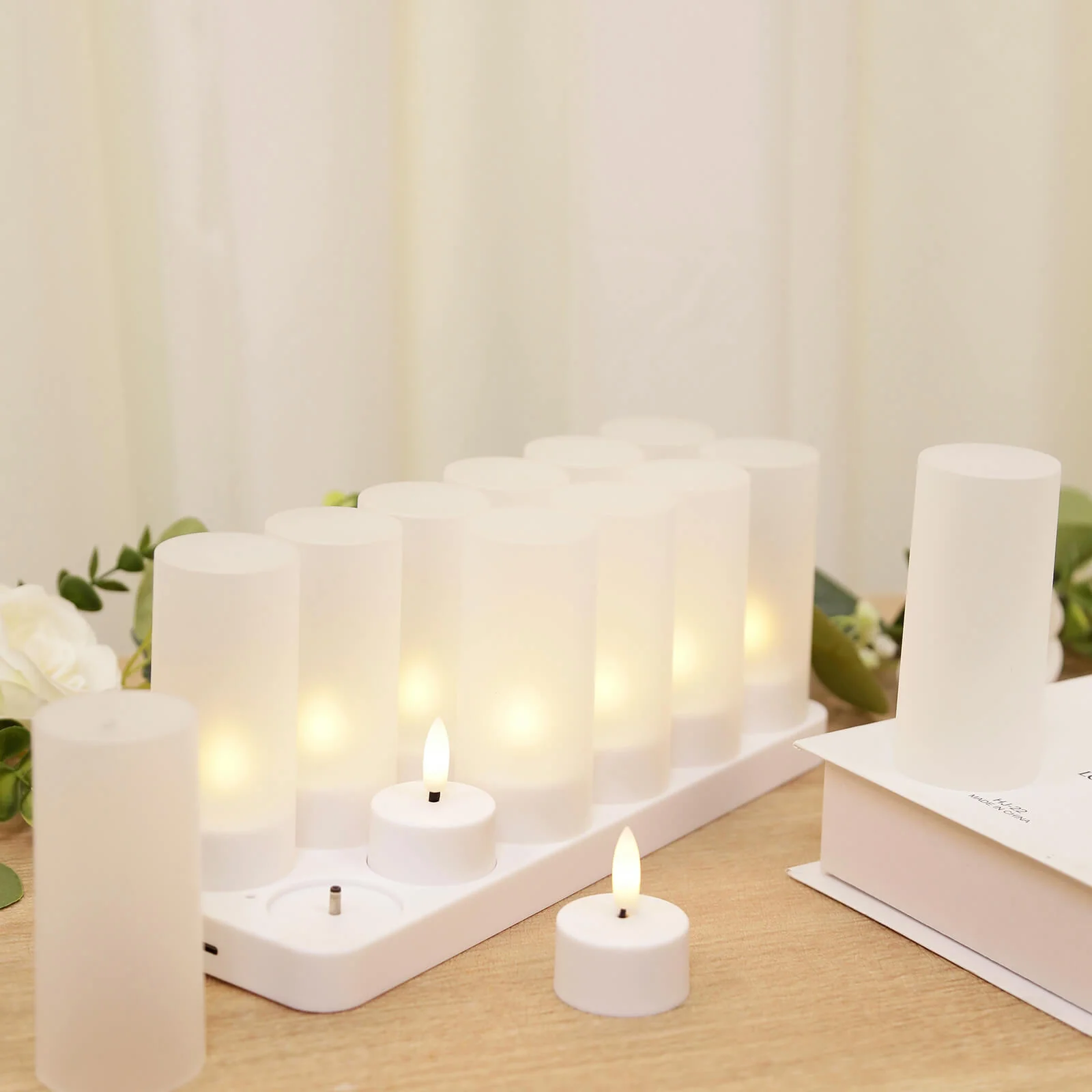 Rechargeable Tea Light Candles 12 Pack, White Flameless LED Candles with Frosted Shades, Remote Timer & Charging Station, Warm White Flickering Effect, 30Hr Runtime - Image 9