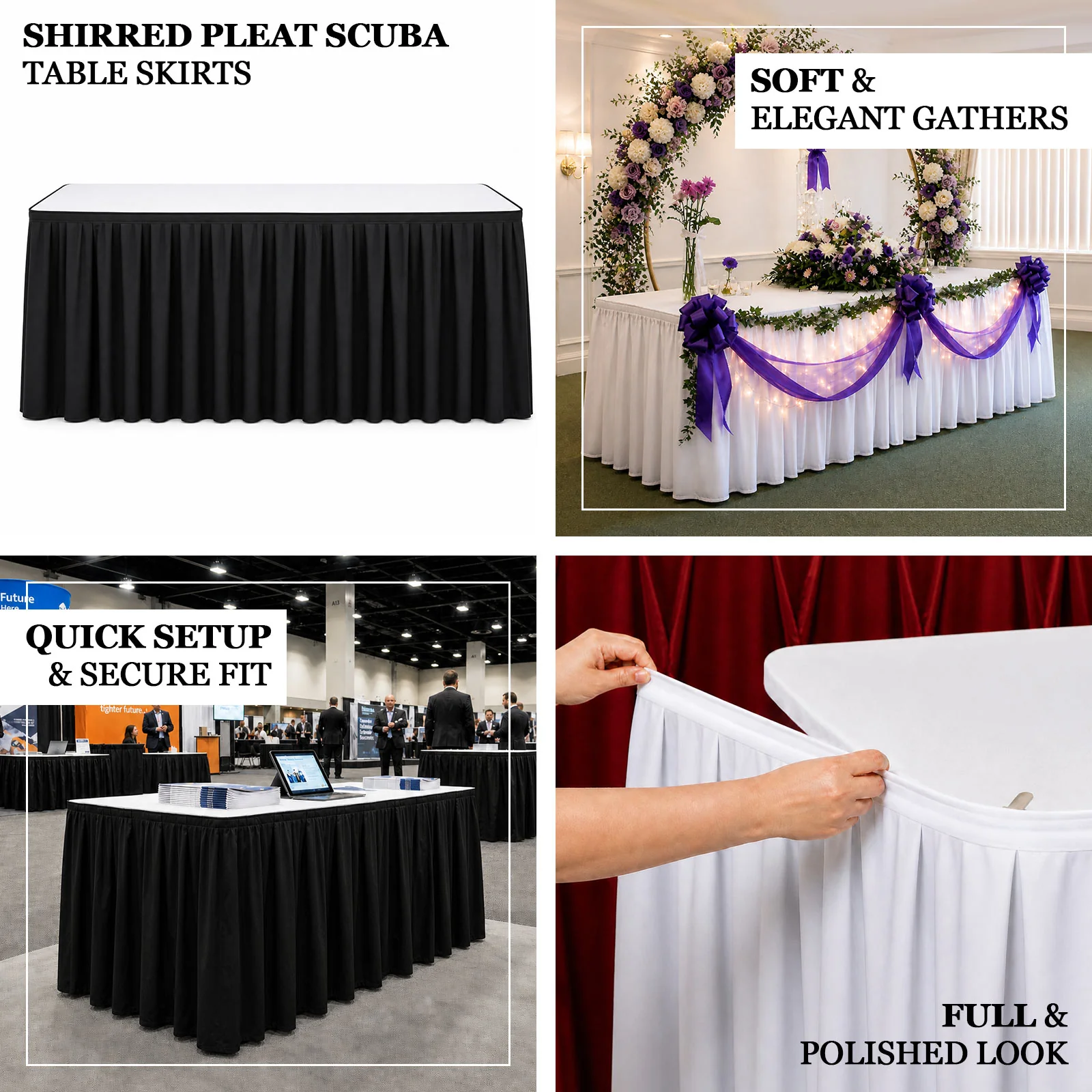 14ft Scuba Table Skirt White - Shirred Pleat Wrinkle Free & Stain Resistant Event Skirting - Image 4