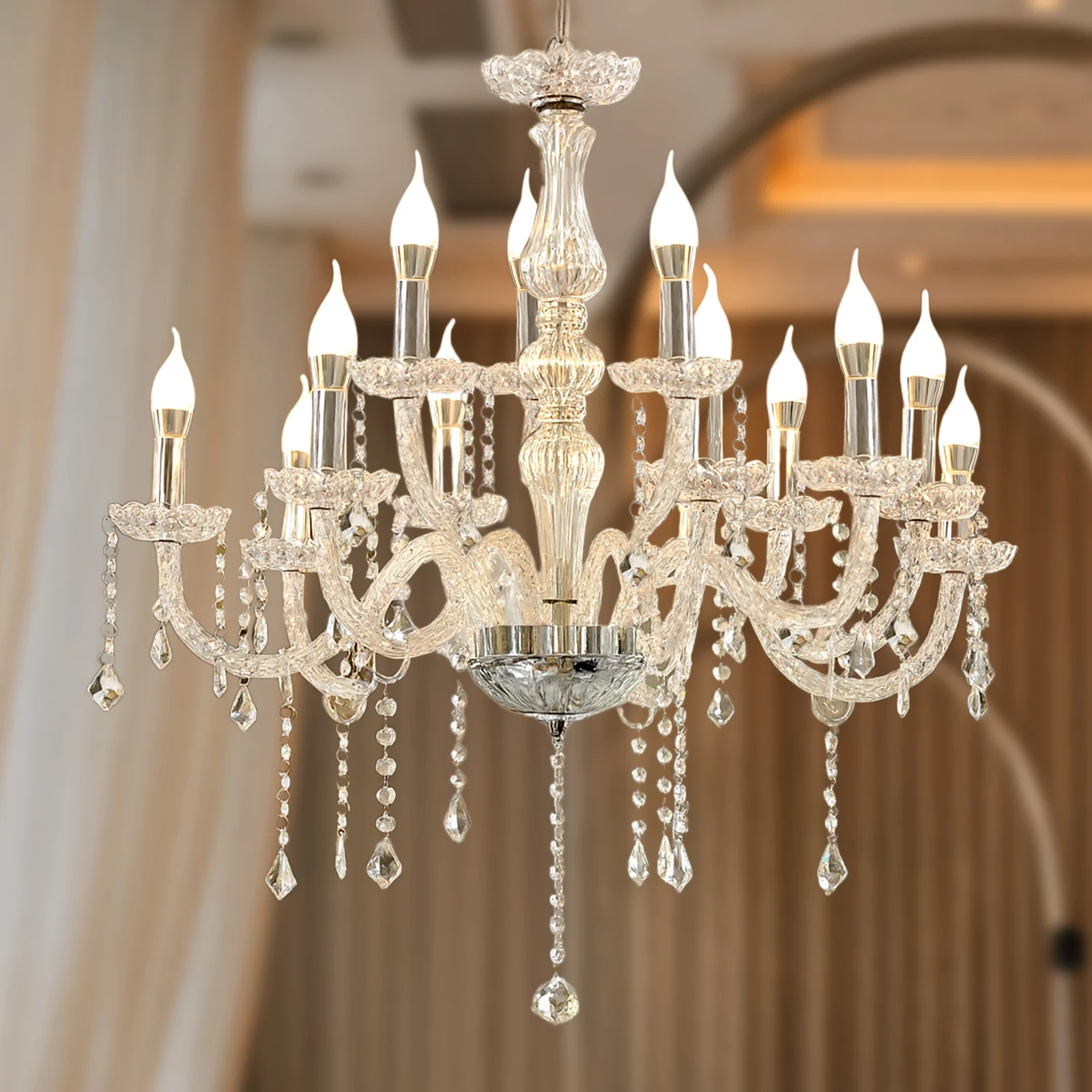 2-Tier Crystal Chandelier with 15 LED Candle Bulbs – Silver Acrylic Ceiling Light Fixture with Dual-Layer LED Illumination for Dining Room or Foyer – 2.5ft - Image 2