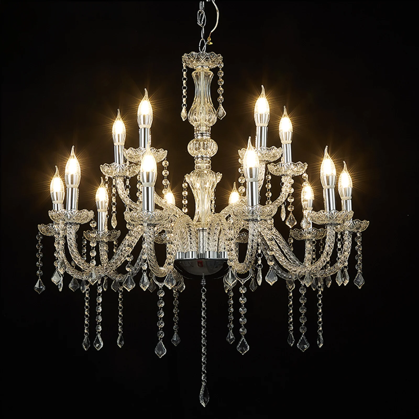 2-Tier Crystal Chandelier with 15 LED Candle Bulbs – Silver Acrylic Ceiling Light Fixture with Dual-Layer LED Illumination for Dining Room or Foyer – 2.5ft - Image 3