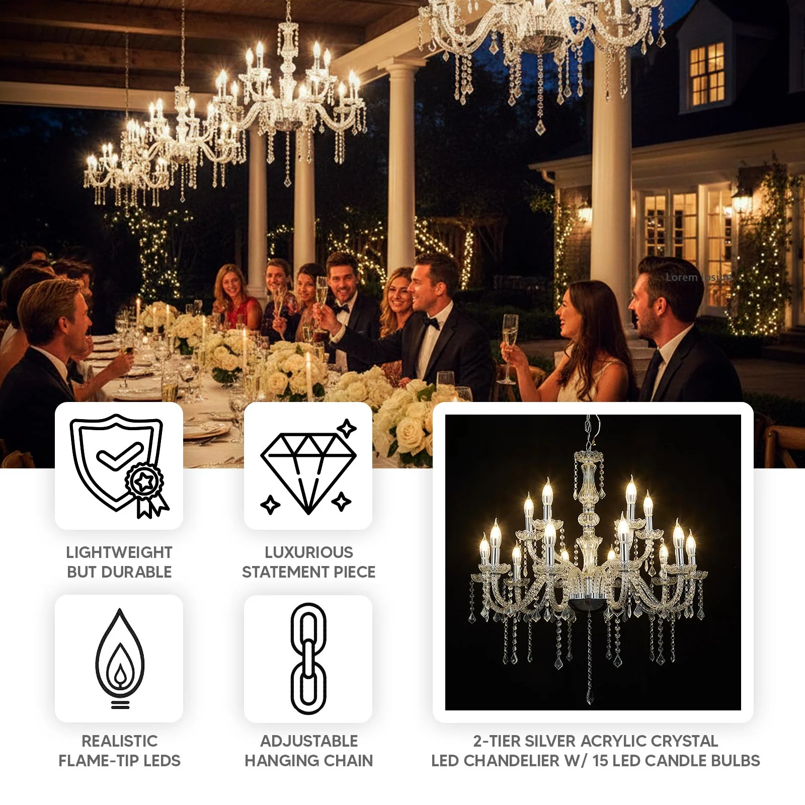 2-Tier Crystal Chandelier with 15 LED Candle Bulbs – Silver Acrylic Ceiling Light Fixture with Dual-Layer LED Illumination for Dining Room or Foyer – 2.5ft - Image 4