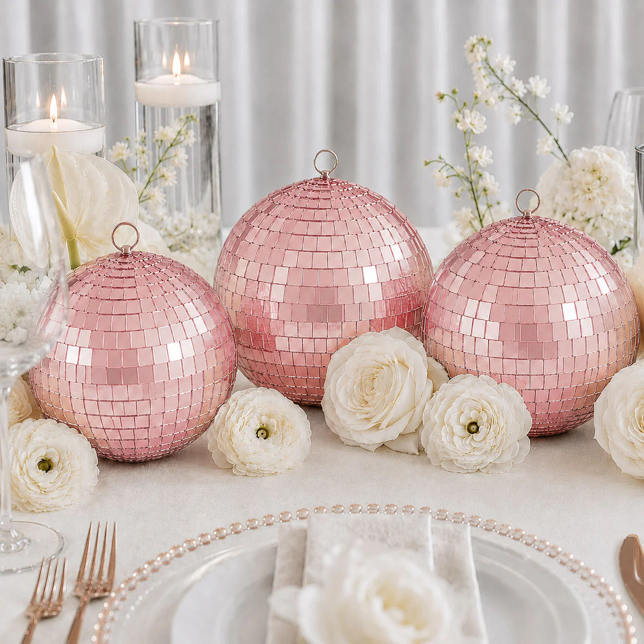 16" Large Rose Gold Foam Disco Mirror Ball With Hanging Swivel Ring, Holiday Party Decor - Image 5