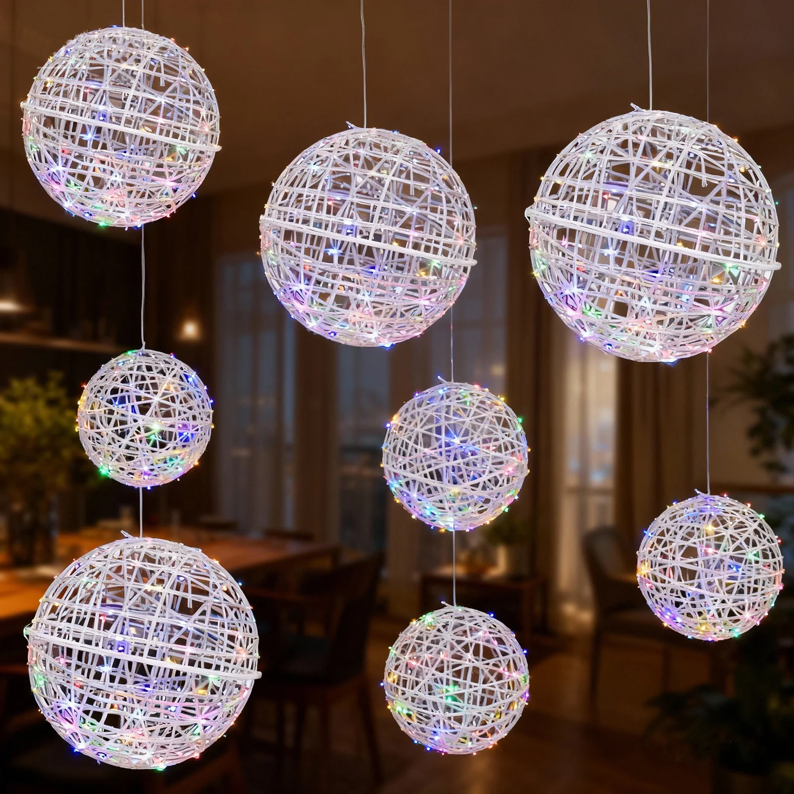 4 Pack LED Lighted Decorative Sphere Balls – 15" White Woven Rattan Orbs, 400 Multicolor LEDs, 8 Lighting Modes, End-to-End Connectable, Plug-In - Image 10