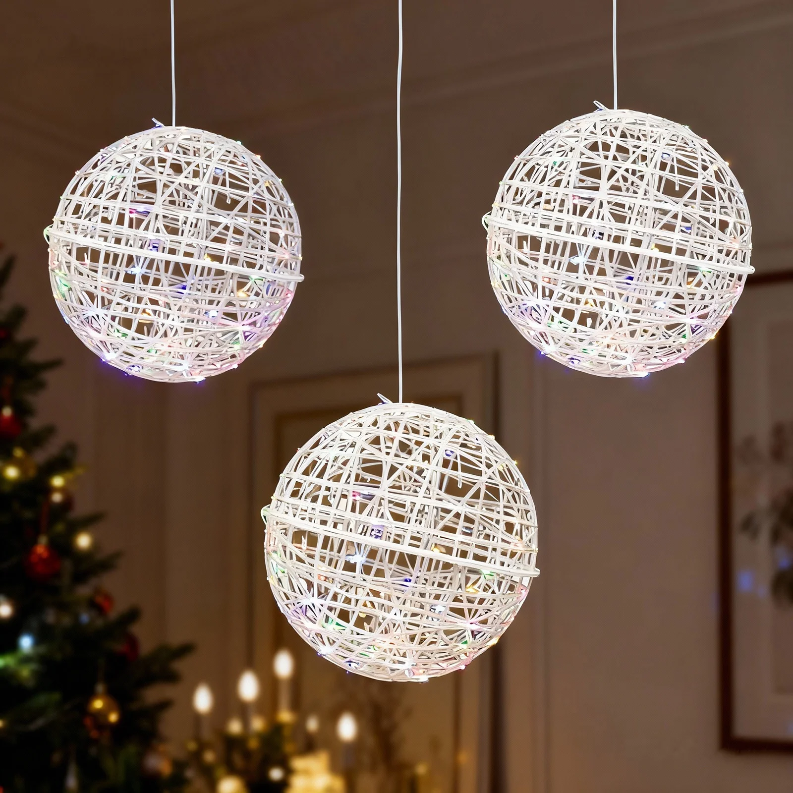 4 Pack LED Lighted Decorative Sphere Balls – 15" White Woven Rattan Orbs, 400 Multicolor LEDs, 8 Lighting Modes, End-to-End Connectable, Plug-In - Image 6