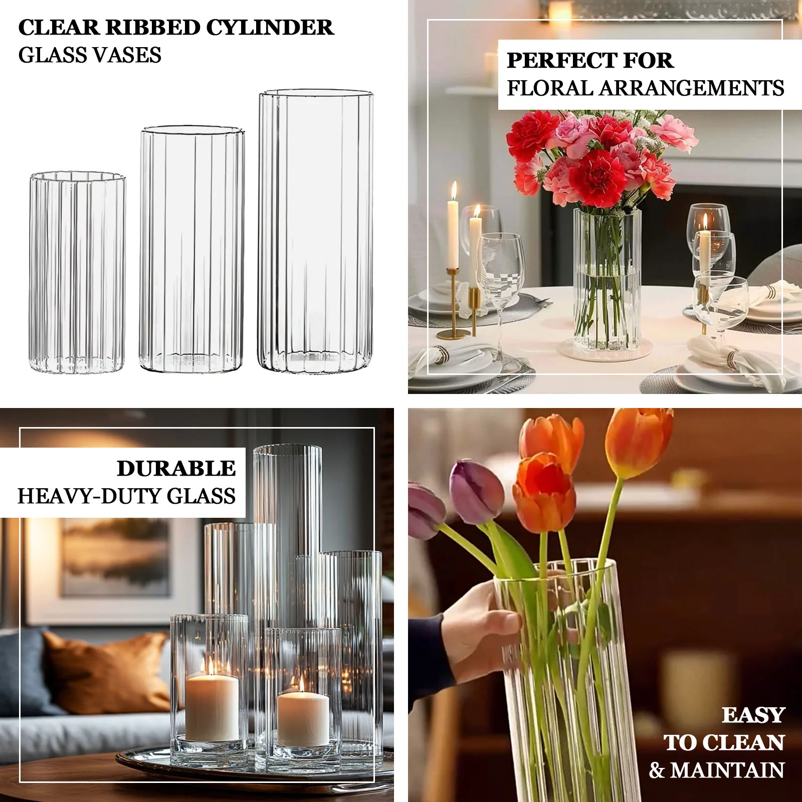 16" Ribbed Cylinder Glass Vases 6-Pack – Tall Clear Vases for Wedding Centerpieces, Home Decor & Event Styling - Image 4