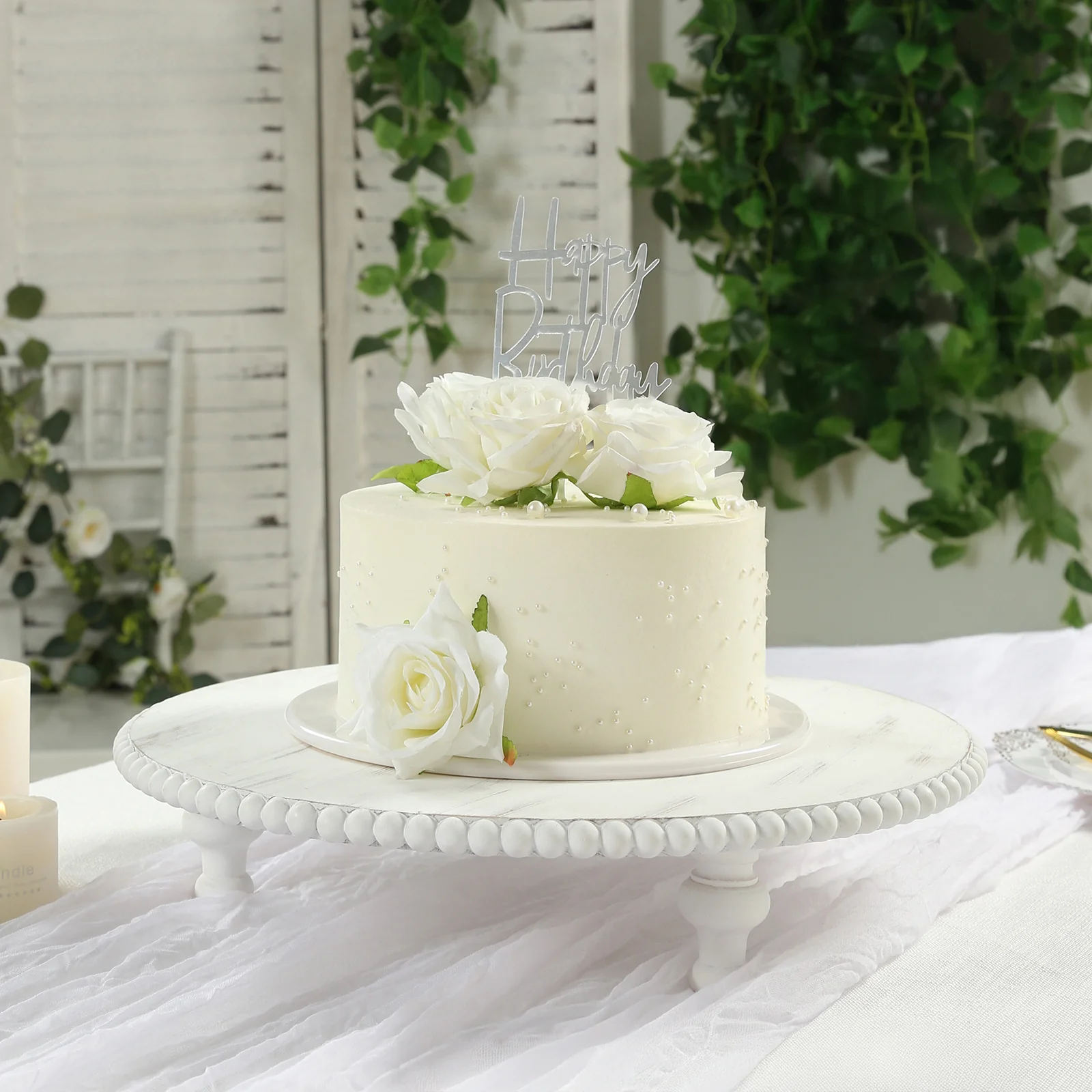16" Rustic Wooden Cake Stand – Antique White Pedestal with Beaded Edge, Cupcake Display or Wood Slice Tray
