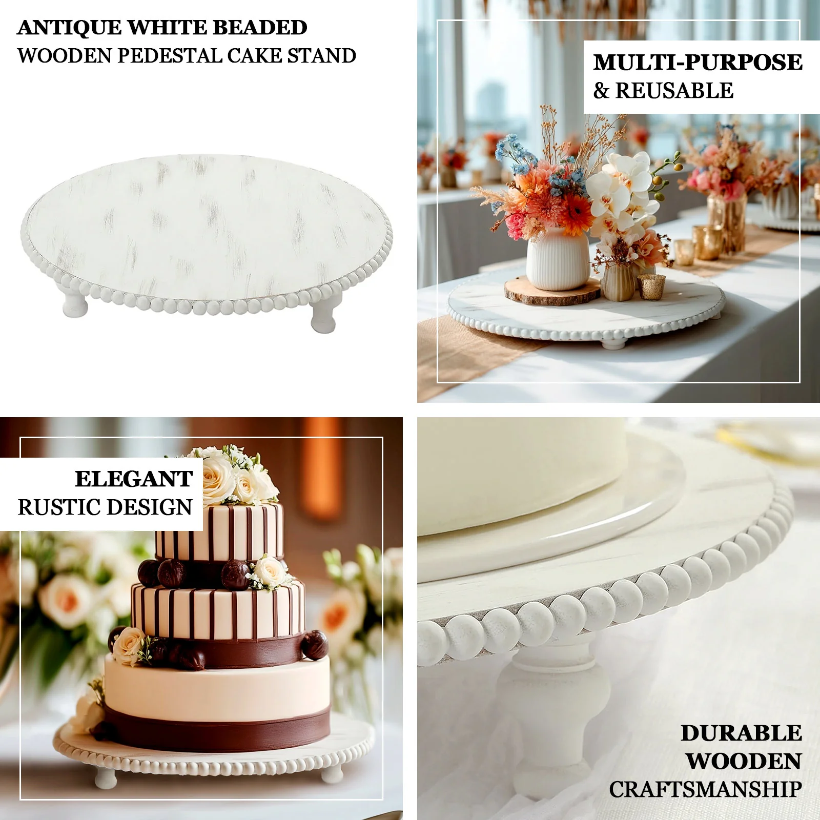 16" Rustic Wooden Cake Stand – Antique White Pedestal with Beaded Edge, Cupcake Display or Wood Slice Tray - Image 3