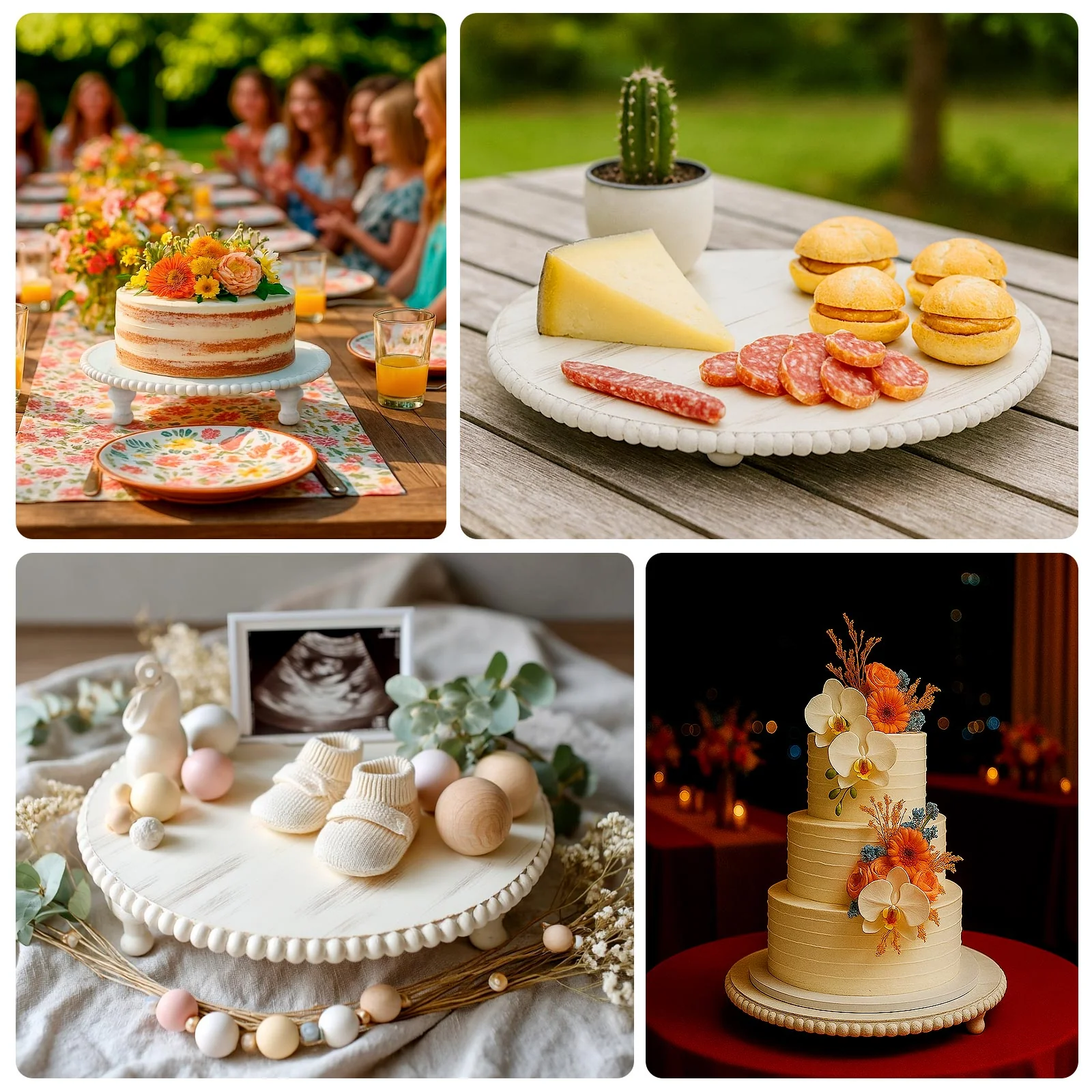 16" Rustic Wooden Cake Stand – Antique White Pedestal with Beaded Edge, Cupcake Display or Wood Slice Tray - Image 4