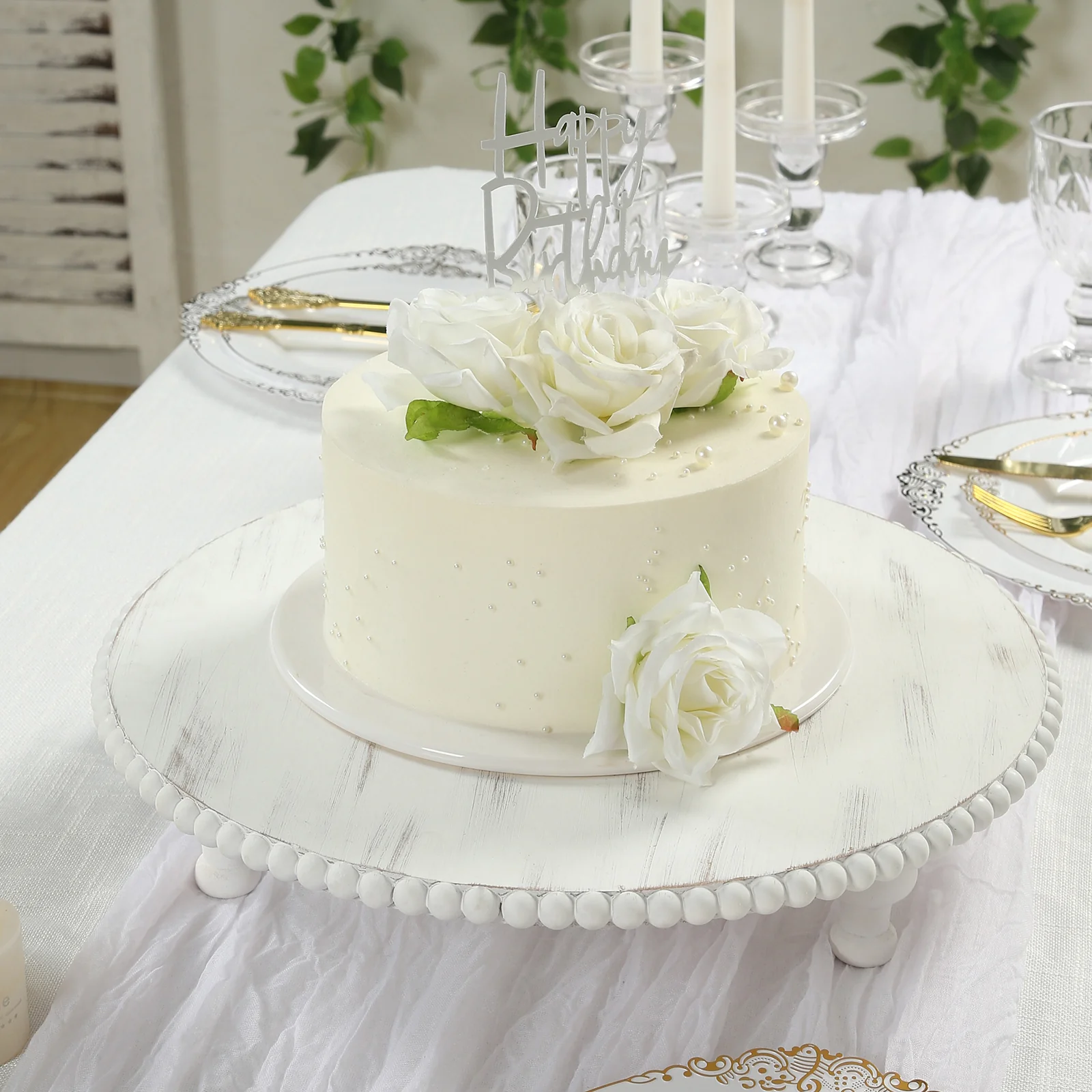 16" Rustic Wooden Cake Stand – Antique White Pedestal with Beaded Edge, Cupcake Display or Wood Slice Tray - Image 5