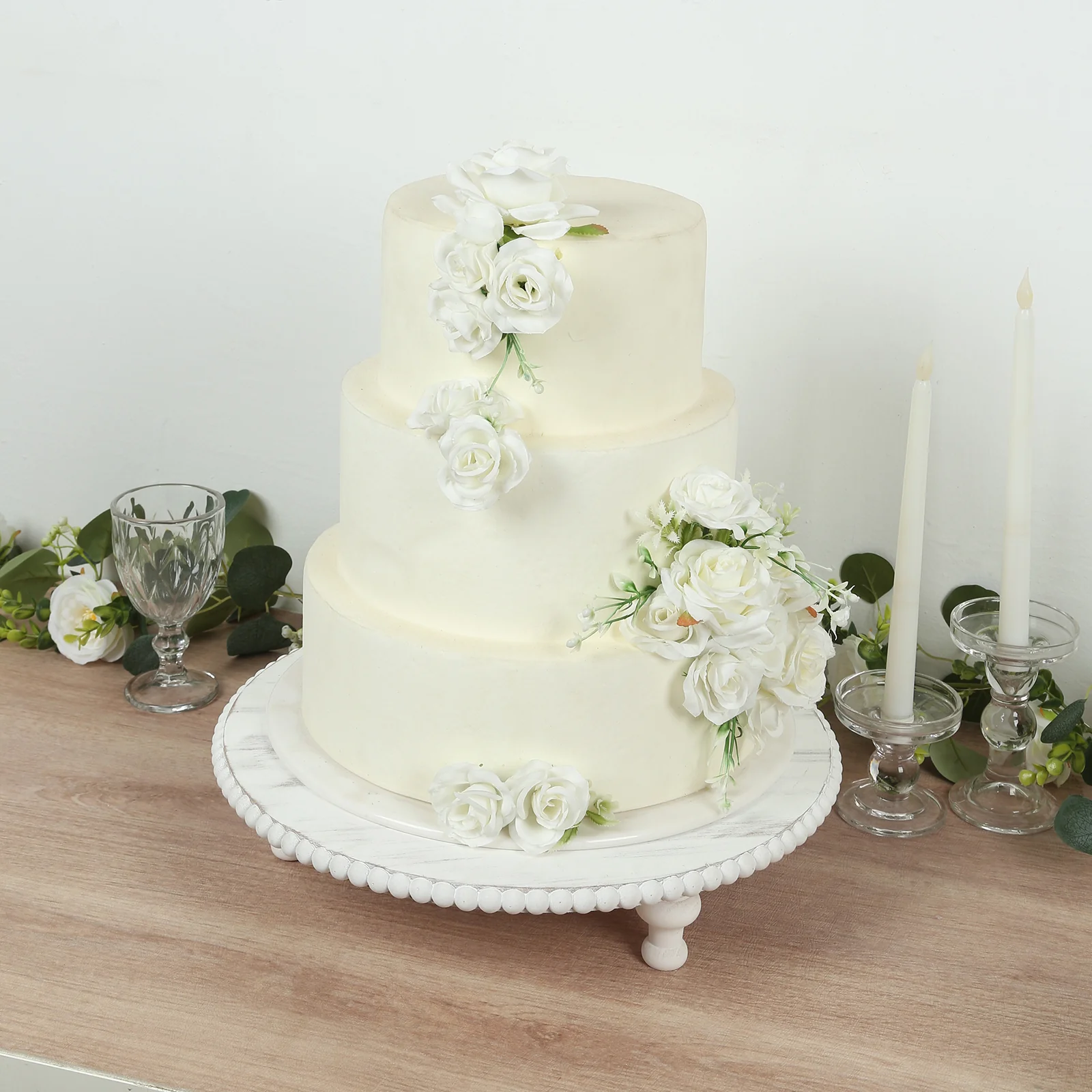 16" Rustic Wooden Cake Stand – Antique White Pedestal with Beaded Edge, Cupcake Display or Wood Slice Tray - Image 7