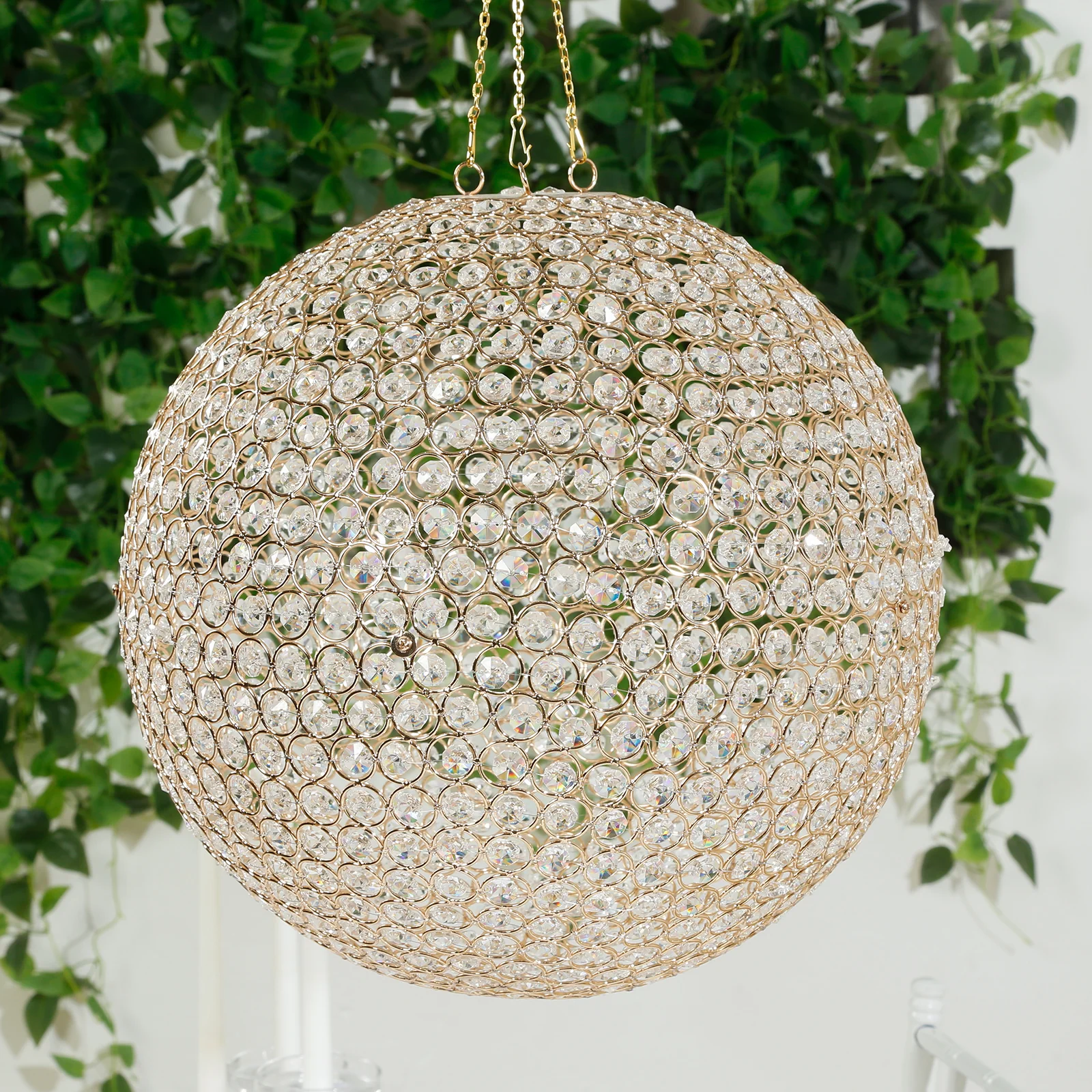 16" Crystal Globe Chandelier Pendant – Hanging Beaded Ball with Gold Metal Hook & Chain, Decorative Accent