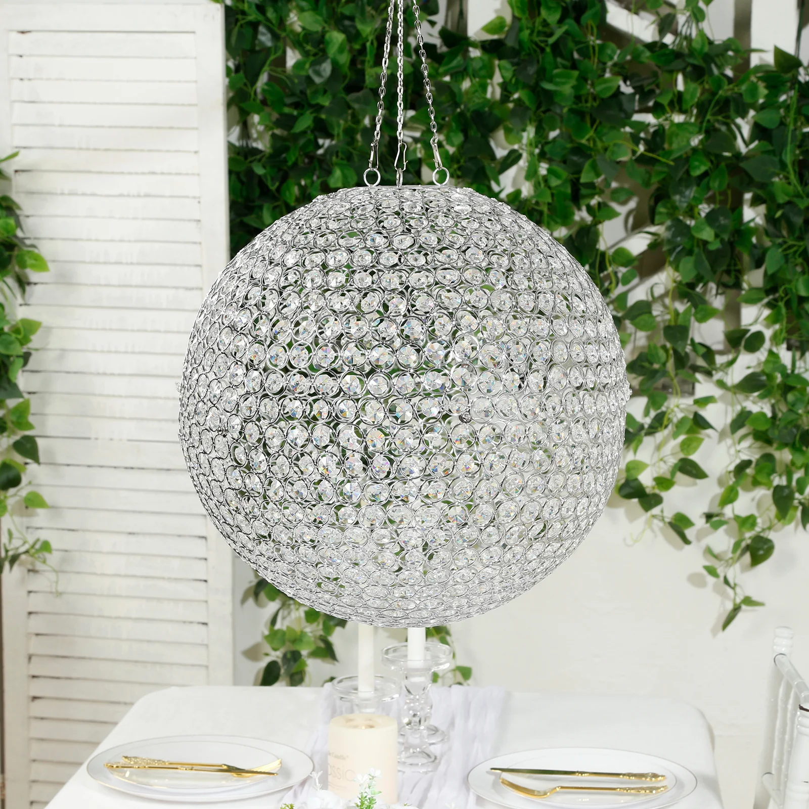 16" Crystal Globe Chandelier Pendant – Hanging Beaded Ball with Silver Metal Hook & Chain, Decorative Accent
