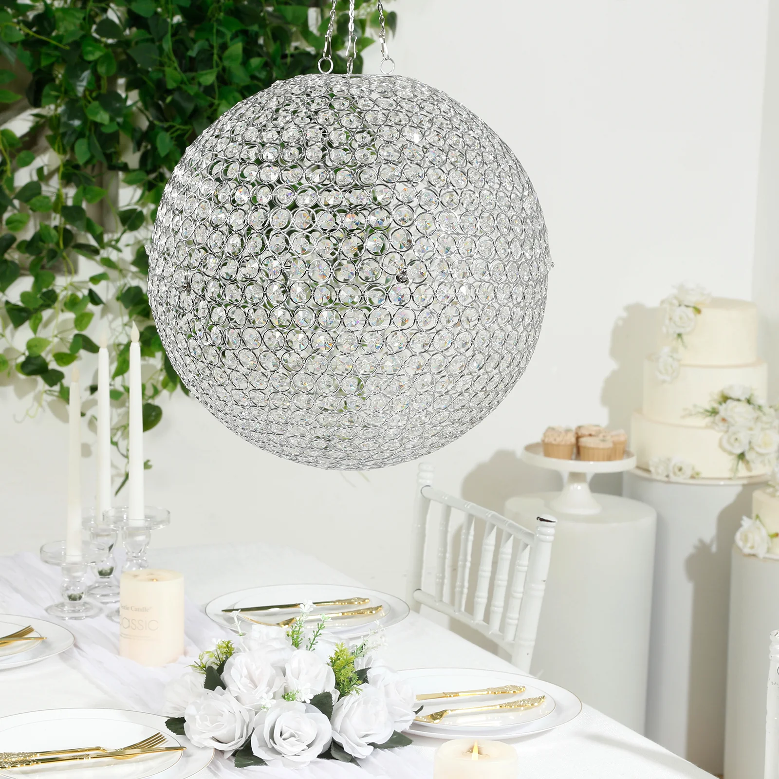 16" Crystal Globe Chandelier Pendant – Hanging Beaded Ball with Silver Metal Hook & Chain, Decorative Accent - Image 6