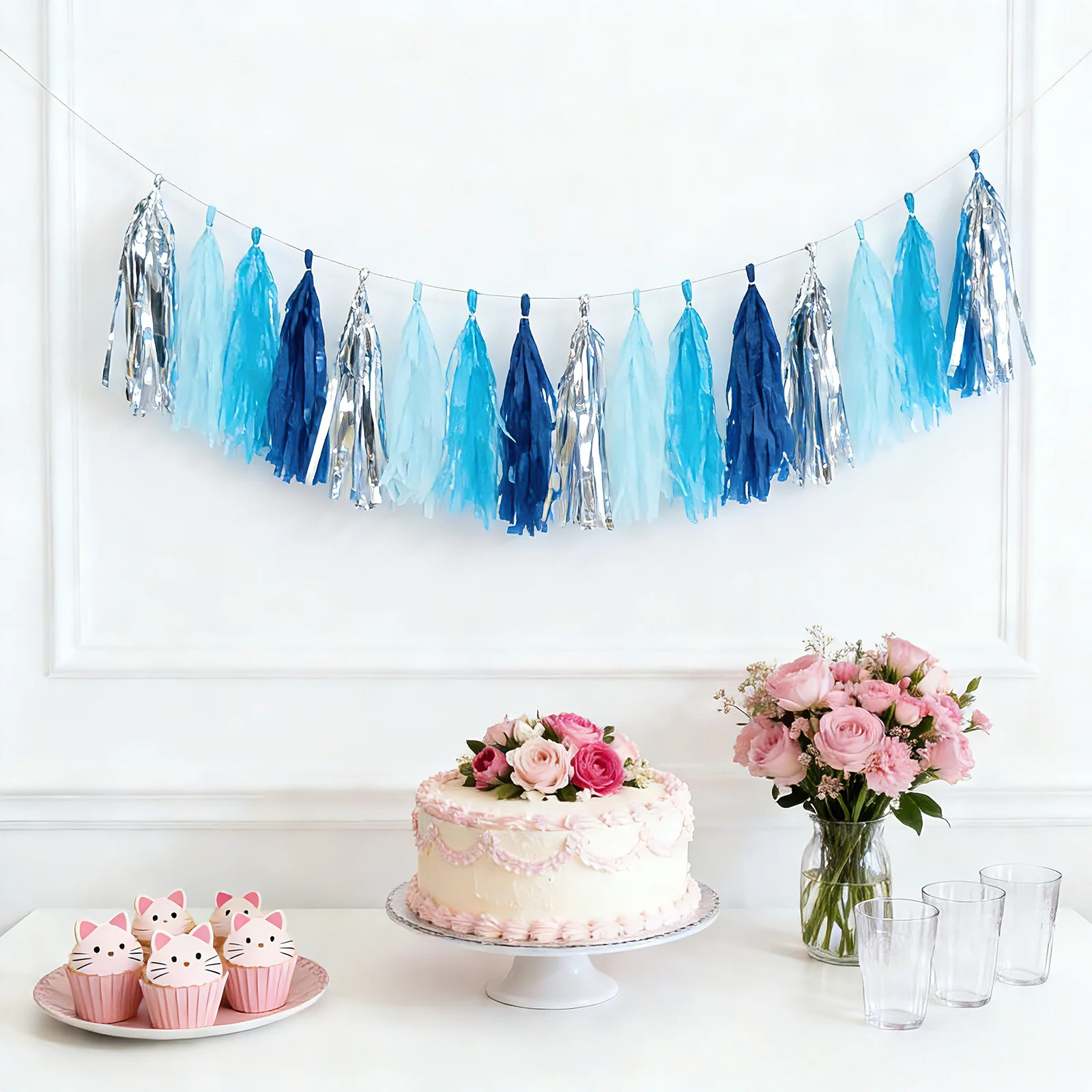 16 Pack Pre-Tied Foil Tassel Garland Banner Decoration – Blue & Silver Paper Tassels with 10ft Hanging String