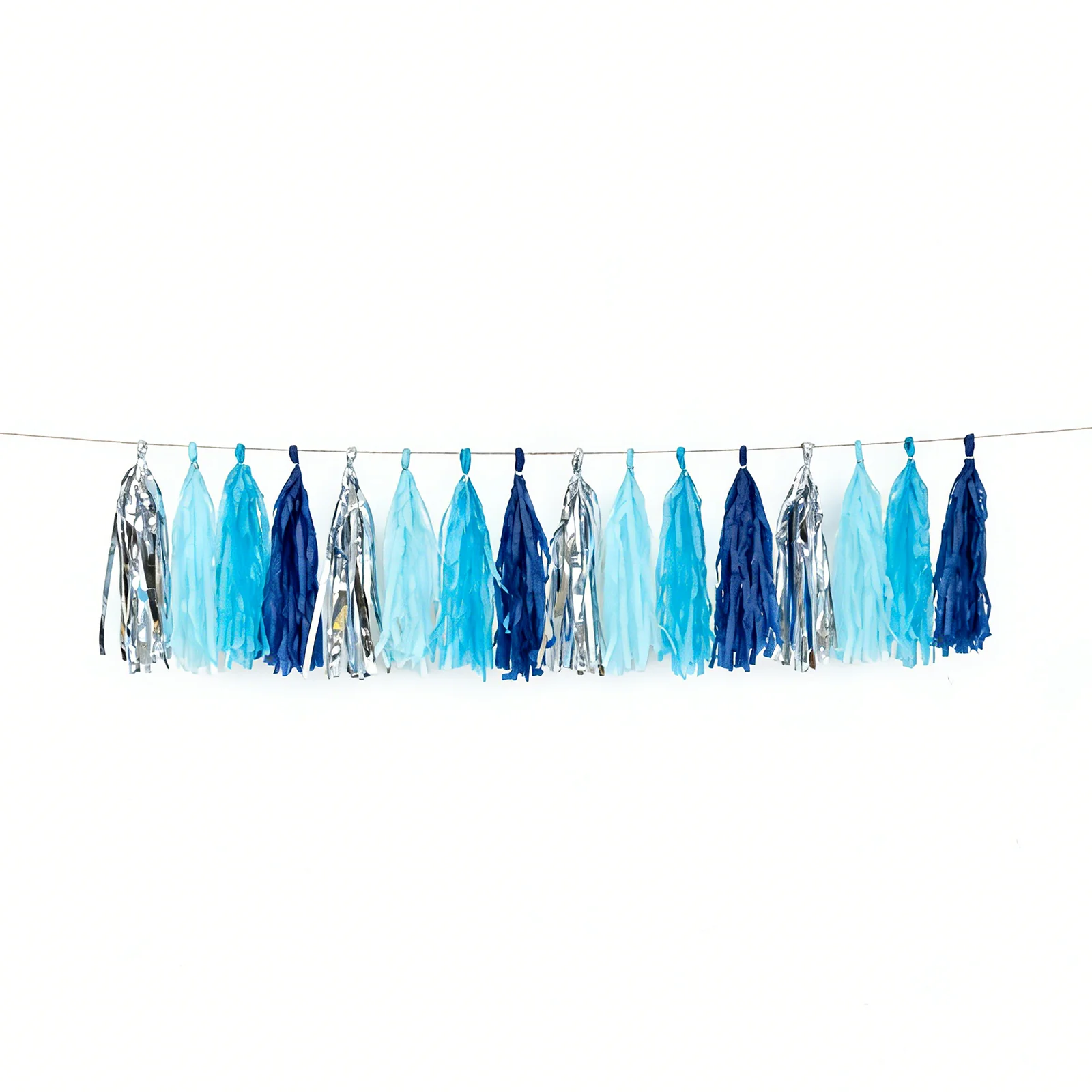 16 Pack Pre-Tied Foil Tassel Garland Banner Decoration – Blue & Silver Paper Tassels with 10ft Hanging String - Image 2