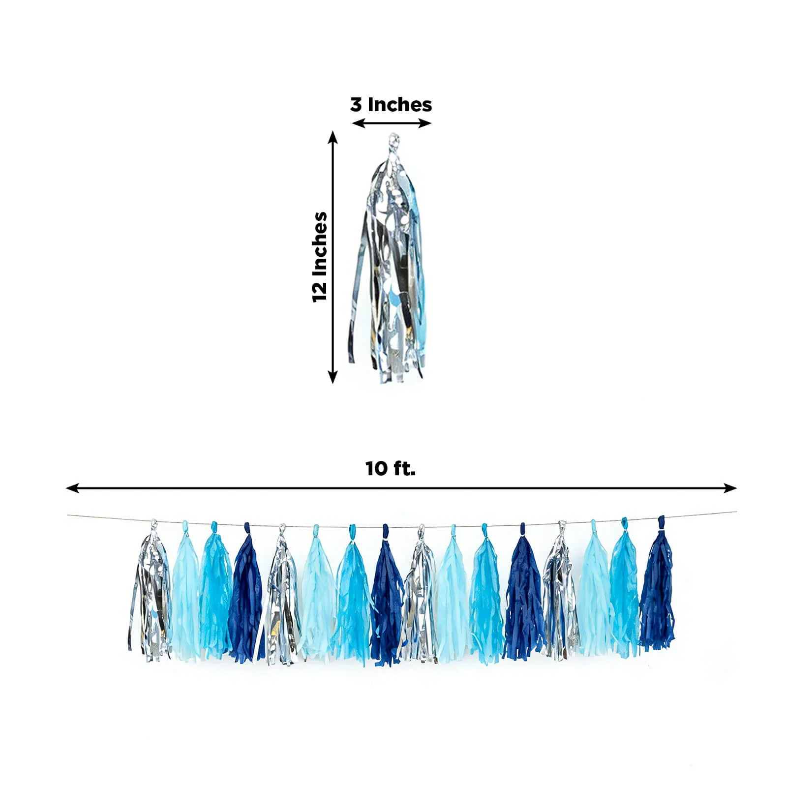 16 Pack Pre-Tied Foil Tassel Garland Banner Decoration – Blue & Silver Paper Tassels with 10ft Hanging String - Image 3