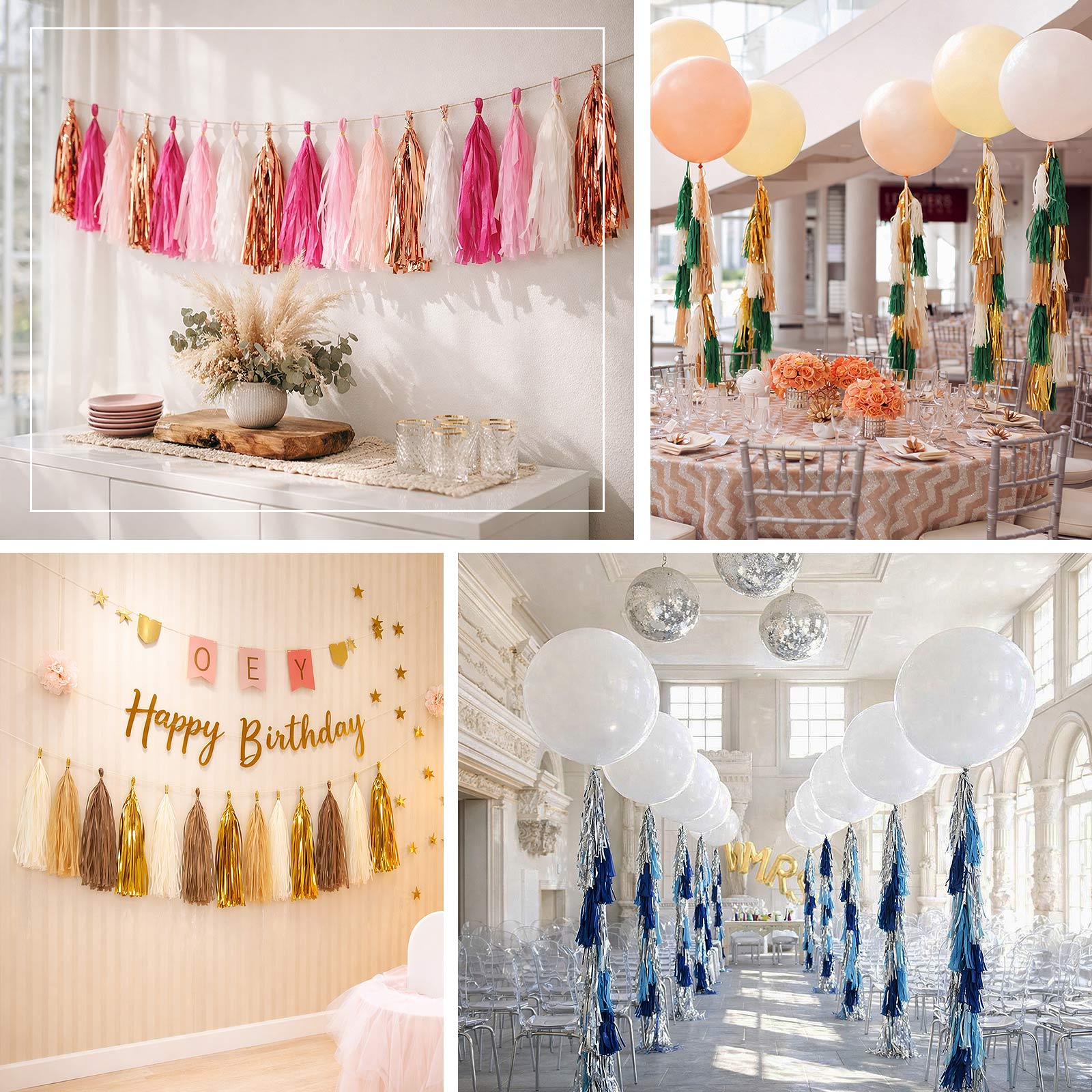 16 Pack Pre-Tied Foil Tassel Garland Banner Decoration – Blue & Silver Paper Tassels with 10ft Hanging String - Image 4