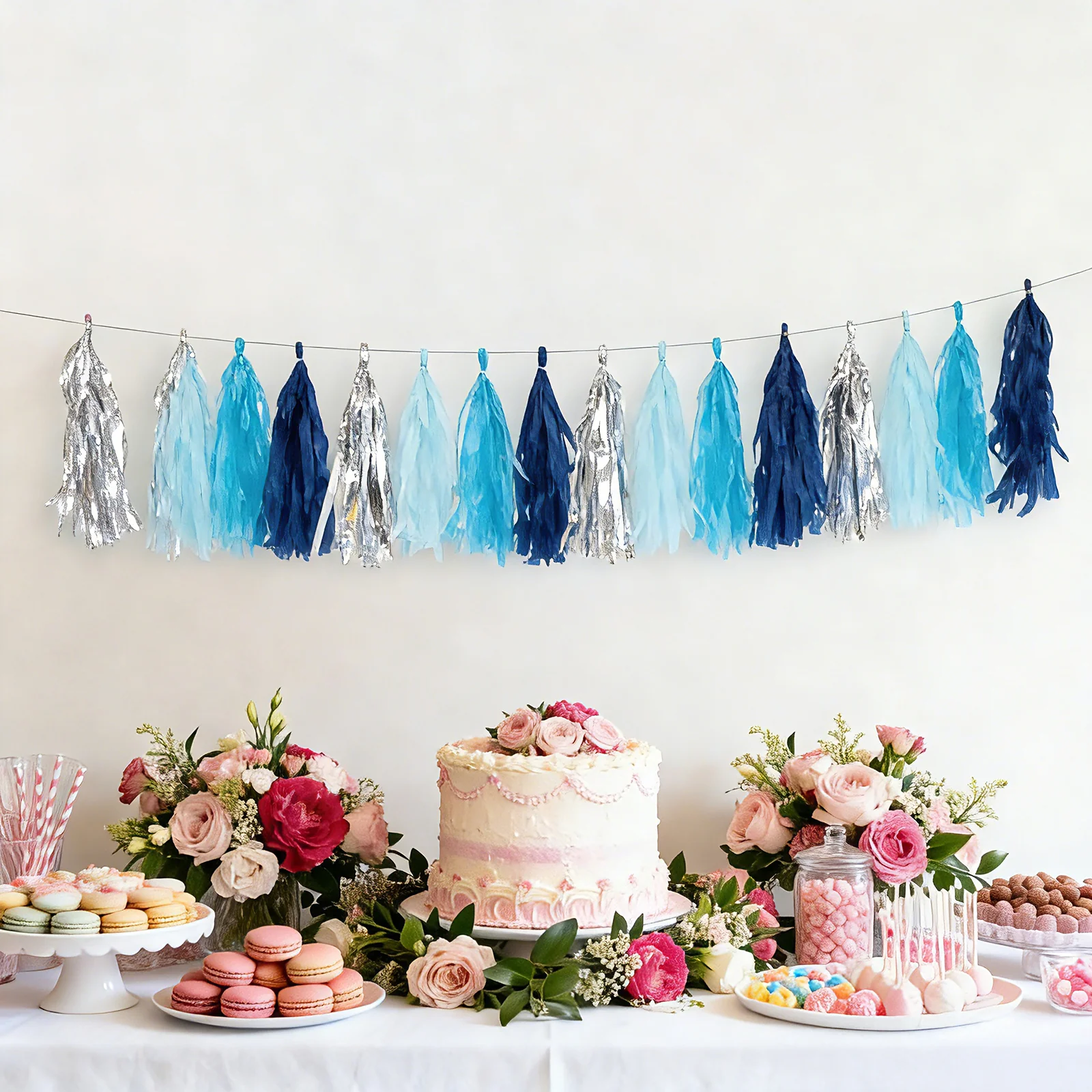 16 Pack Pre-Tied Foil Tassel Garland Banner Decoration – Blue & Silver Paper Tassels with 10ft Hanging String - Image 6