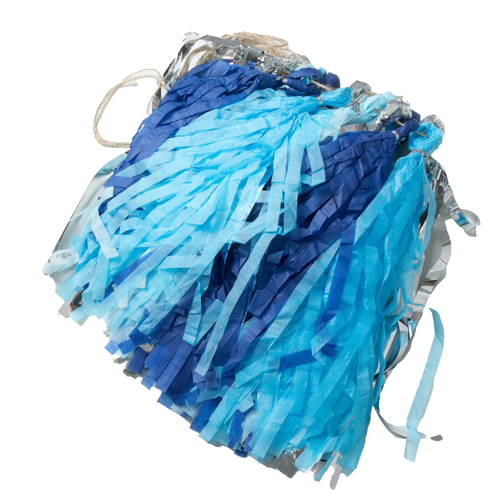 16 Pack Pre-Tied Foil Tassel Garland Banner Decoration – Blue & Silver Paper Tassels with 10ft Hanging String - Image 7