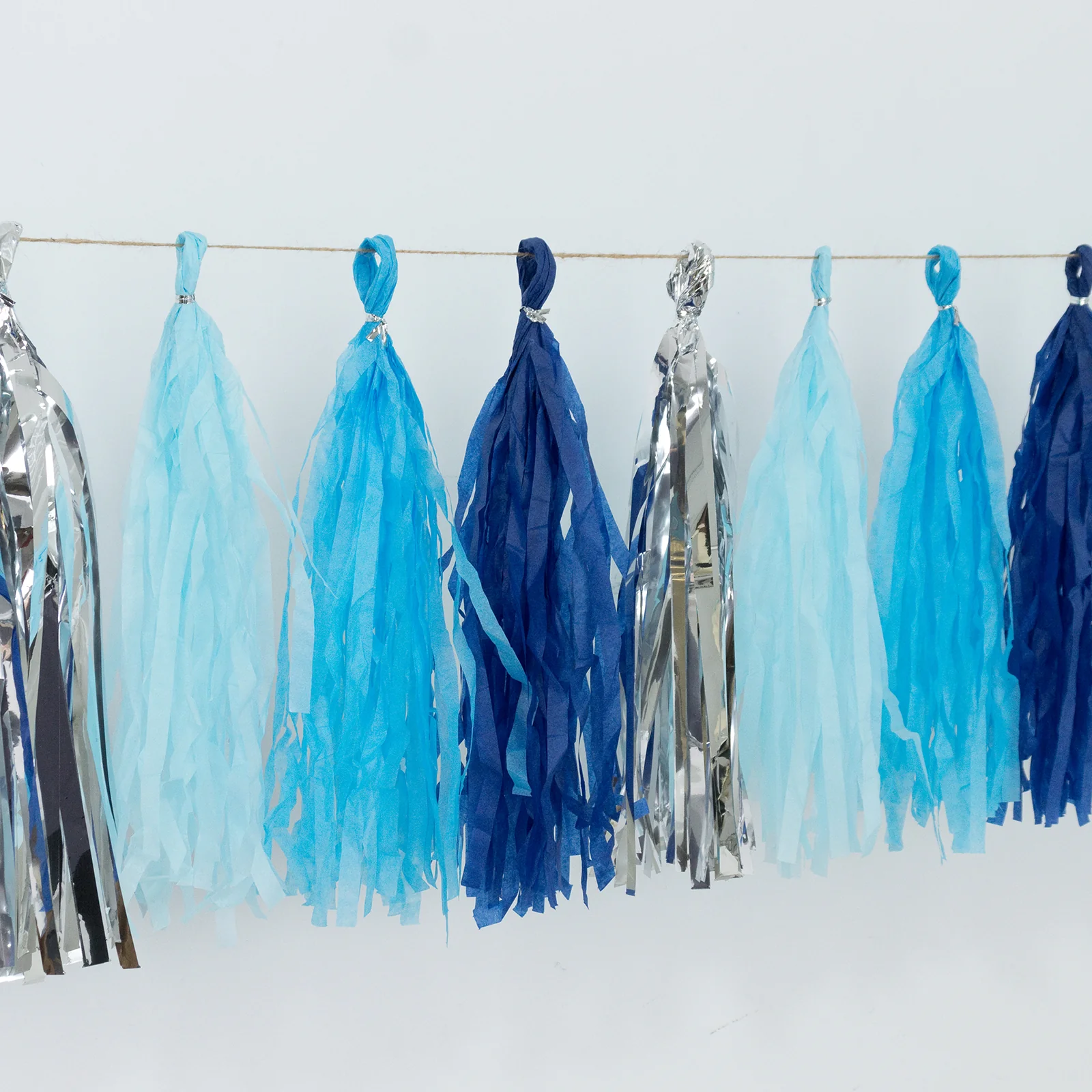 16 Pack Pre-Tied Foil Tassel Garland Banner Decoration – Blue & Silver Paper Tassels with 10ft Hanging String - Image 9