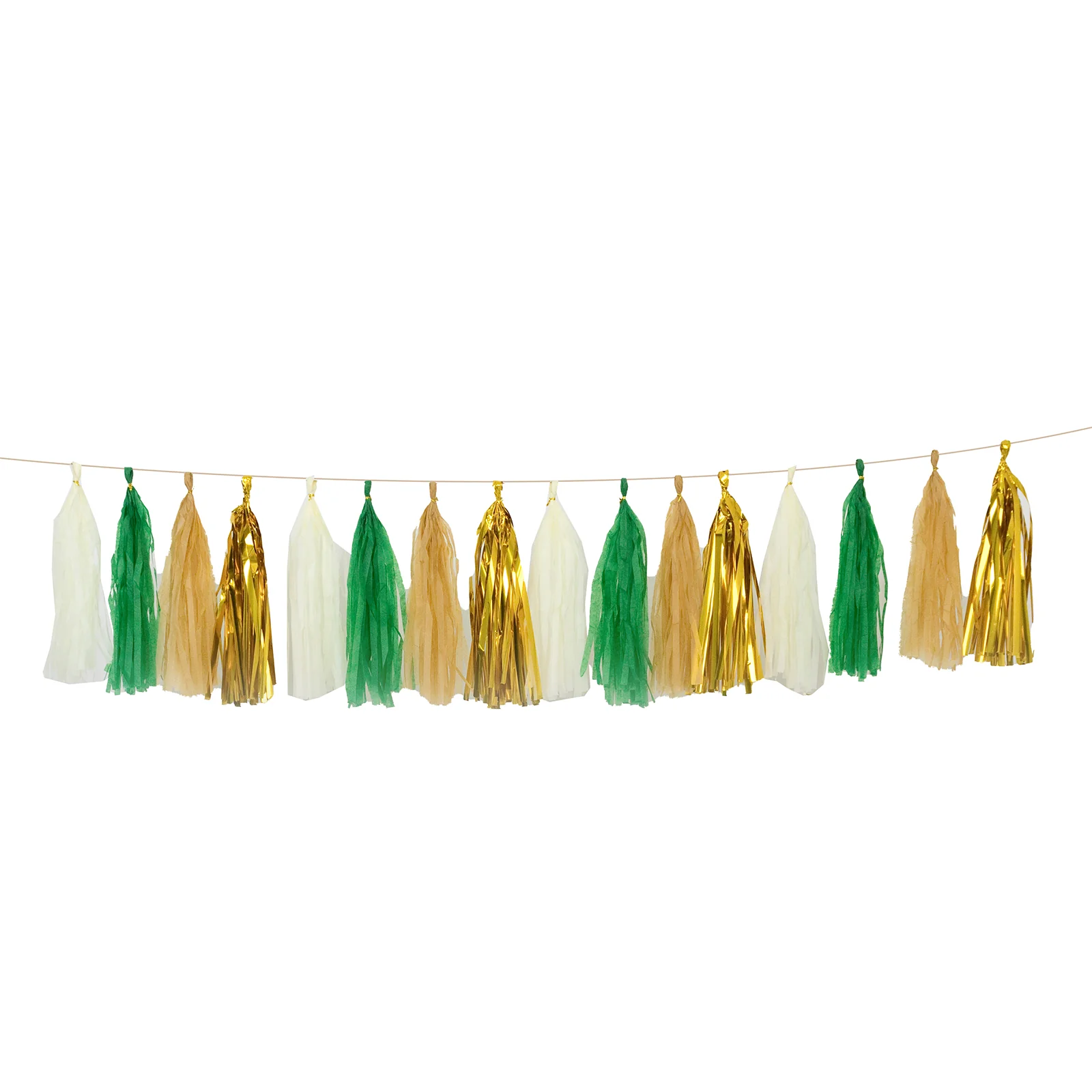 16 Pack Pre-Tied Foil Tassel Garland Banner Decoration – Gold & Green Paper Tassels with 10ft Hanging String - Image 2