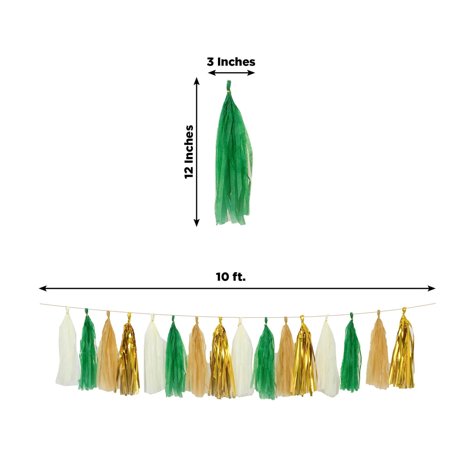 16 Pack Pre-Tied Foil Tassel Garland Banner Decoration – Gold & Green Paper Tassels with 10ft Hanging String - Image 3