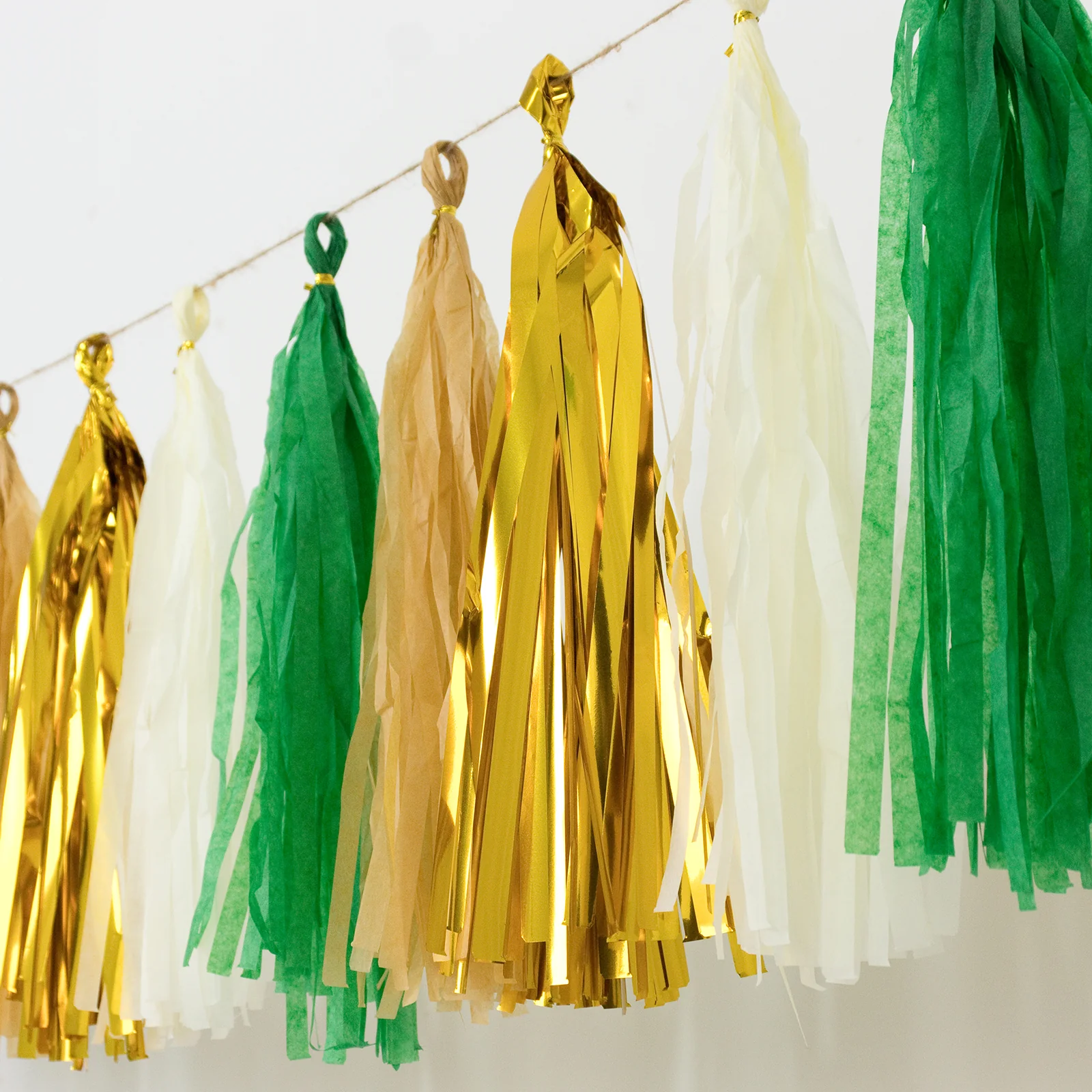 16 Pack Pre-Tied Foil Tassel Garland Banner Decoration – Gold & Green Paper Tassels with 10ft Hanging String - Image 9